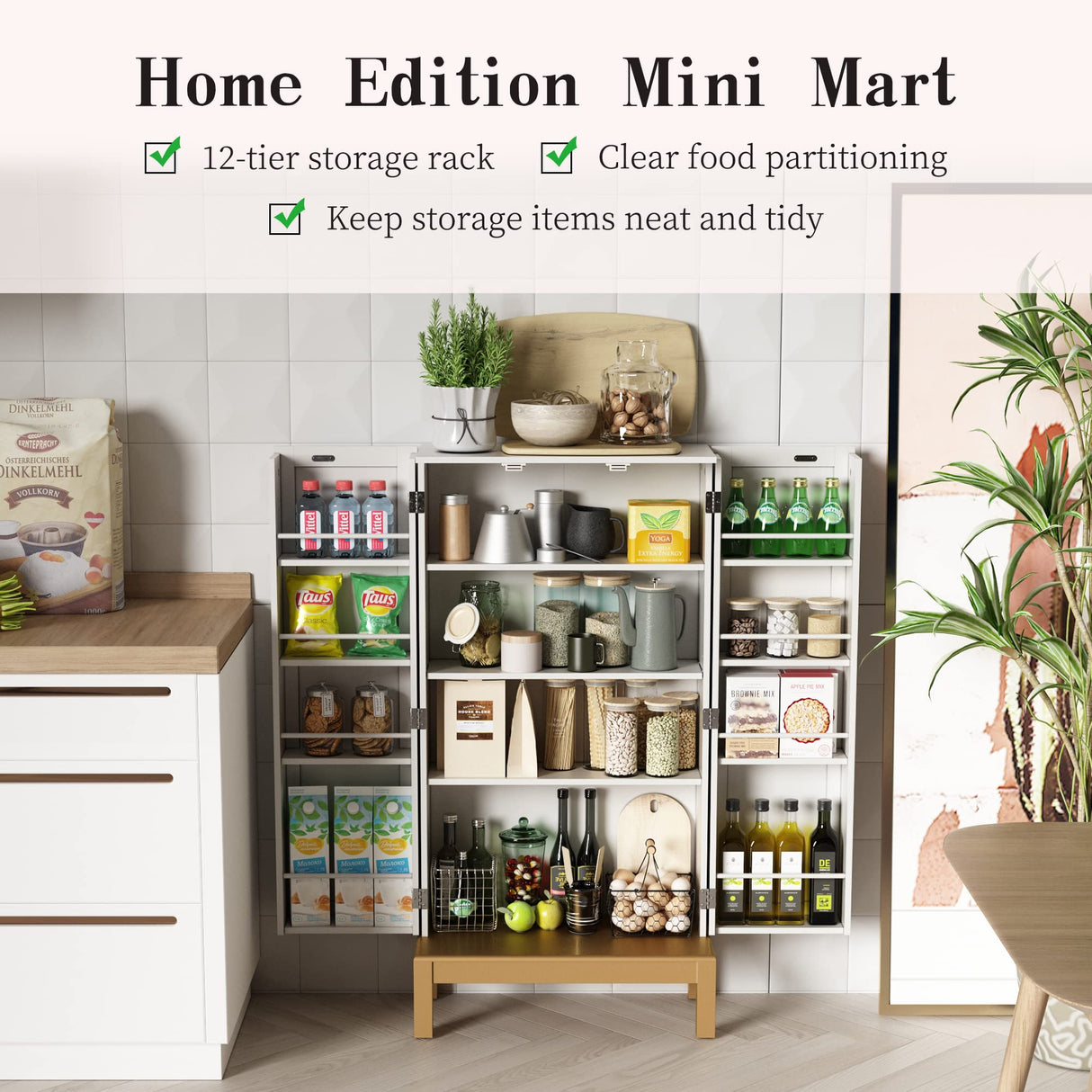 HOLTICO 45'' Storage Cabinet with Doors and Adjustable Shelves,Food Pantry Cabinet for Kitchen,Dining Room,Living Room and Garage,Gold Lines and Legs, White. HOLTICO