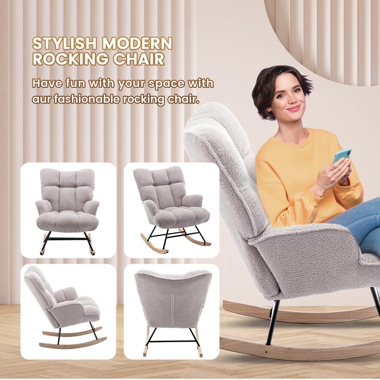 SAETSFEG Rocking Chair Nursery Teddy Upholstered Glider Rocker Rocking Accent Chair Padded Seat with High Backrest Armchair Comfy Side Chair for Living Room Bedroom Offices (Grey Teddy) SAETSFEG