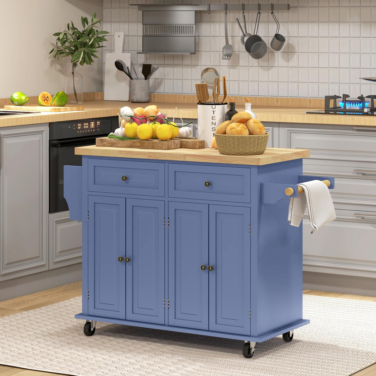 HOMCOM Kitchen Island on Wheels, Rolling Cart with Rubberwood Top, Spice Rack, Towel Rack and Drawers for Dining Room, Navy Blue HOMCOM