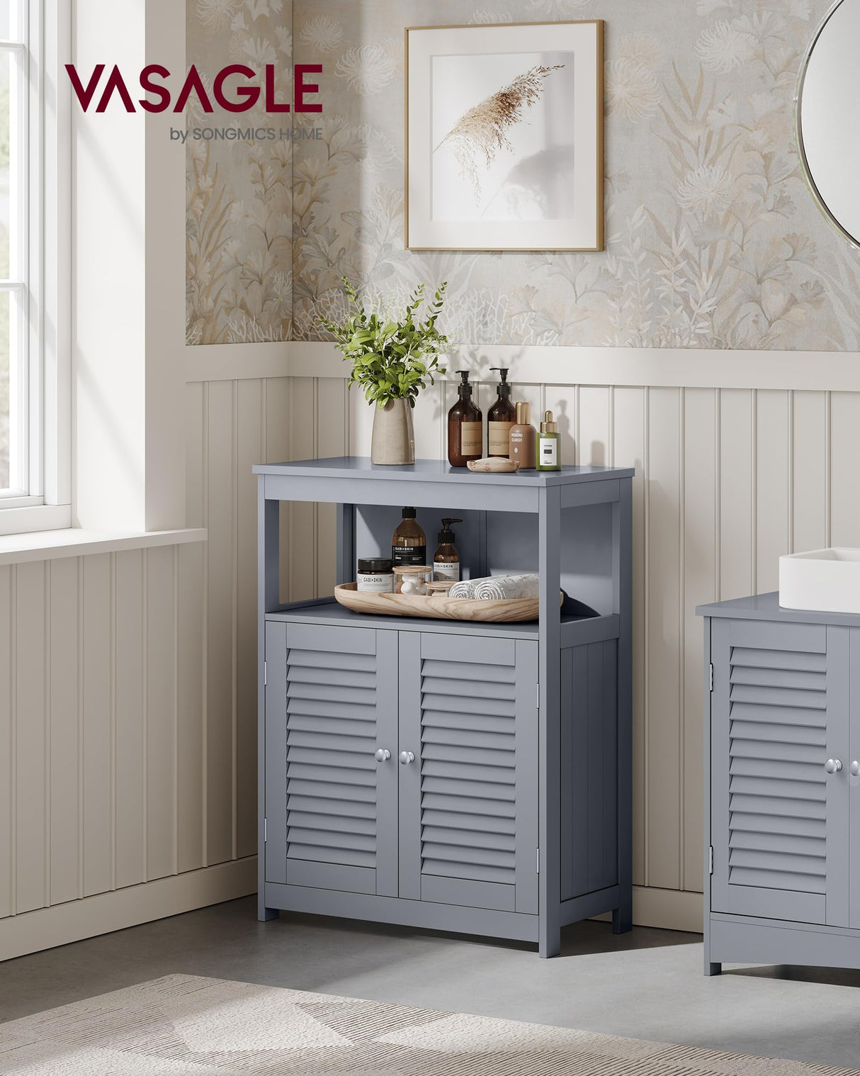 VASAGLE Bathroom Floor Cabinet, Bathroom Storage Cabinet, Freestanding, with Double Shutter Doors and Adjustable Shelf, for Bathroom, Living Room, Entryway, Kitchen, Dove Gray UBBC040G02 VASAGLE
