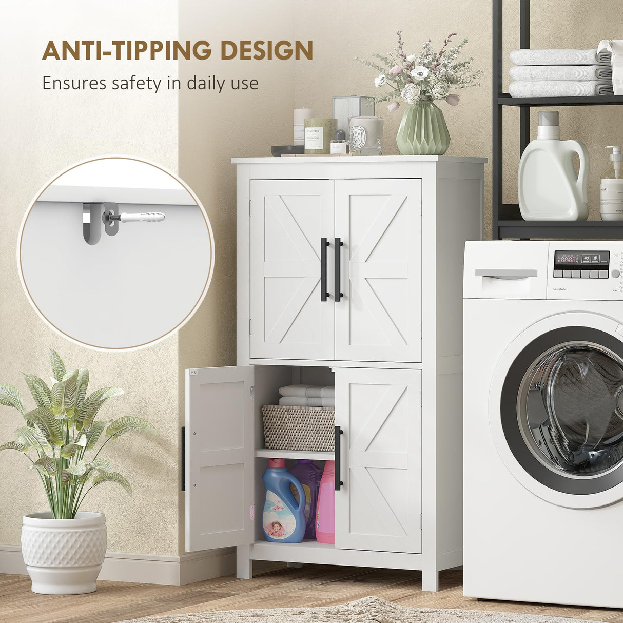 HOMCOM Farmhouse Bathroom Storage Cabinet with 4 Barn Doors, Bathroom Floor Cabinet with 2 Adjustable Shelf, Freestanding Storage Cupboard, White HOMCOM