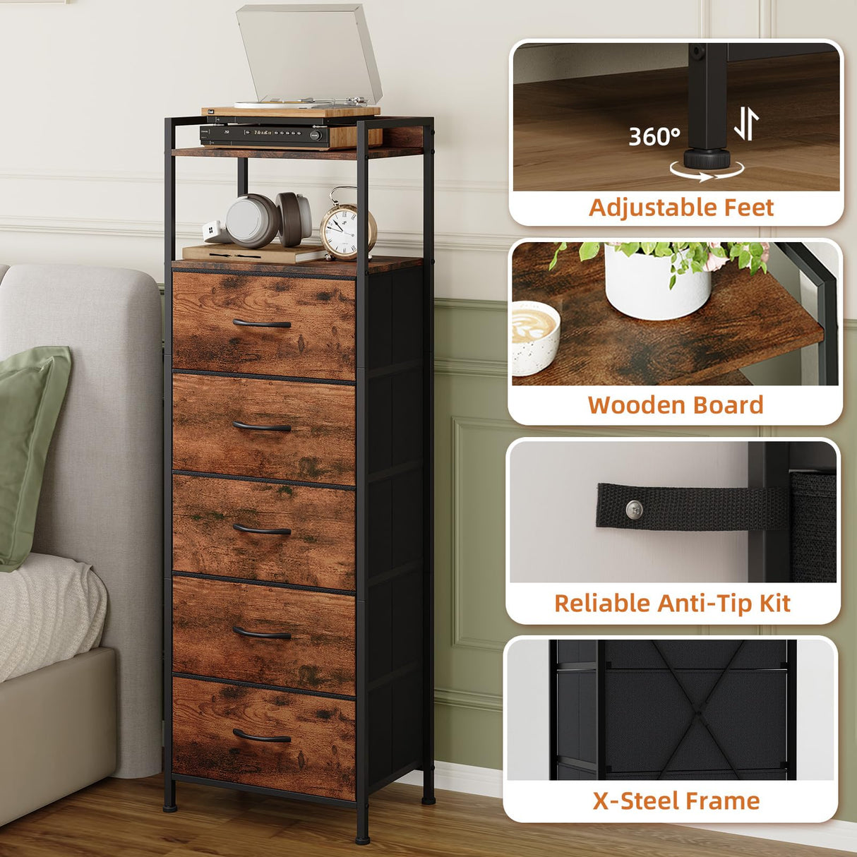 Somdot Tall Night Stand for Bedroom,Tall 5 Drawers Dresser, Vertical Storage Tower Unit, Nightstand Furniture with Fabric Drawer Organizer in Bedside Kids Room, Laundry Entryway, Wood Grain Print Somdot