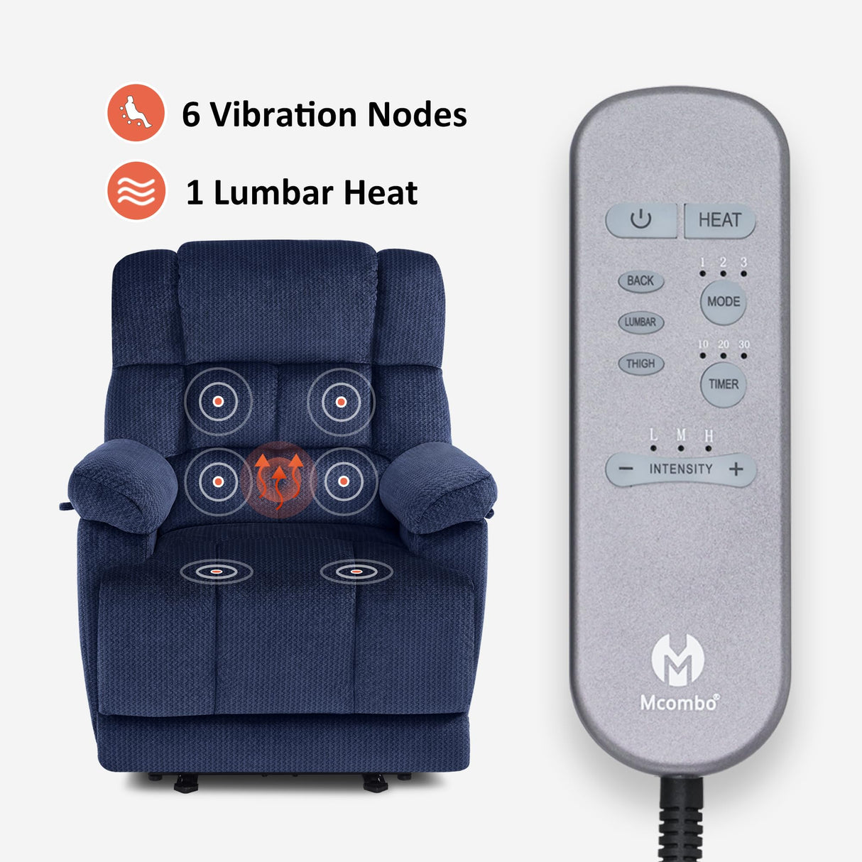 MCombo Zero Gravity Power Recliner Chair with Heat and Vibration Massage, Reclining Chair with USB Ports, Cup Holders for Living Room, Fabric R6233 (Navy Blue) MCombo