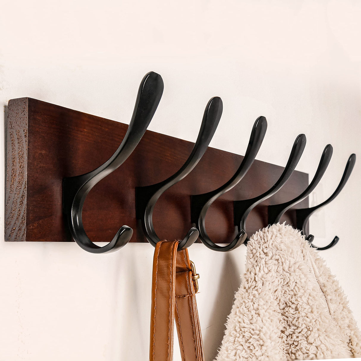 SKOLOO Coat Rack Wall Mount - Wooden Brown Wall Coat Hook, Wall Coat Hanger Rack with 6 Hooks for Hanging Coats, Hats, Clothing, Scarfs, Brown & Black SKOLOO