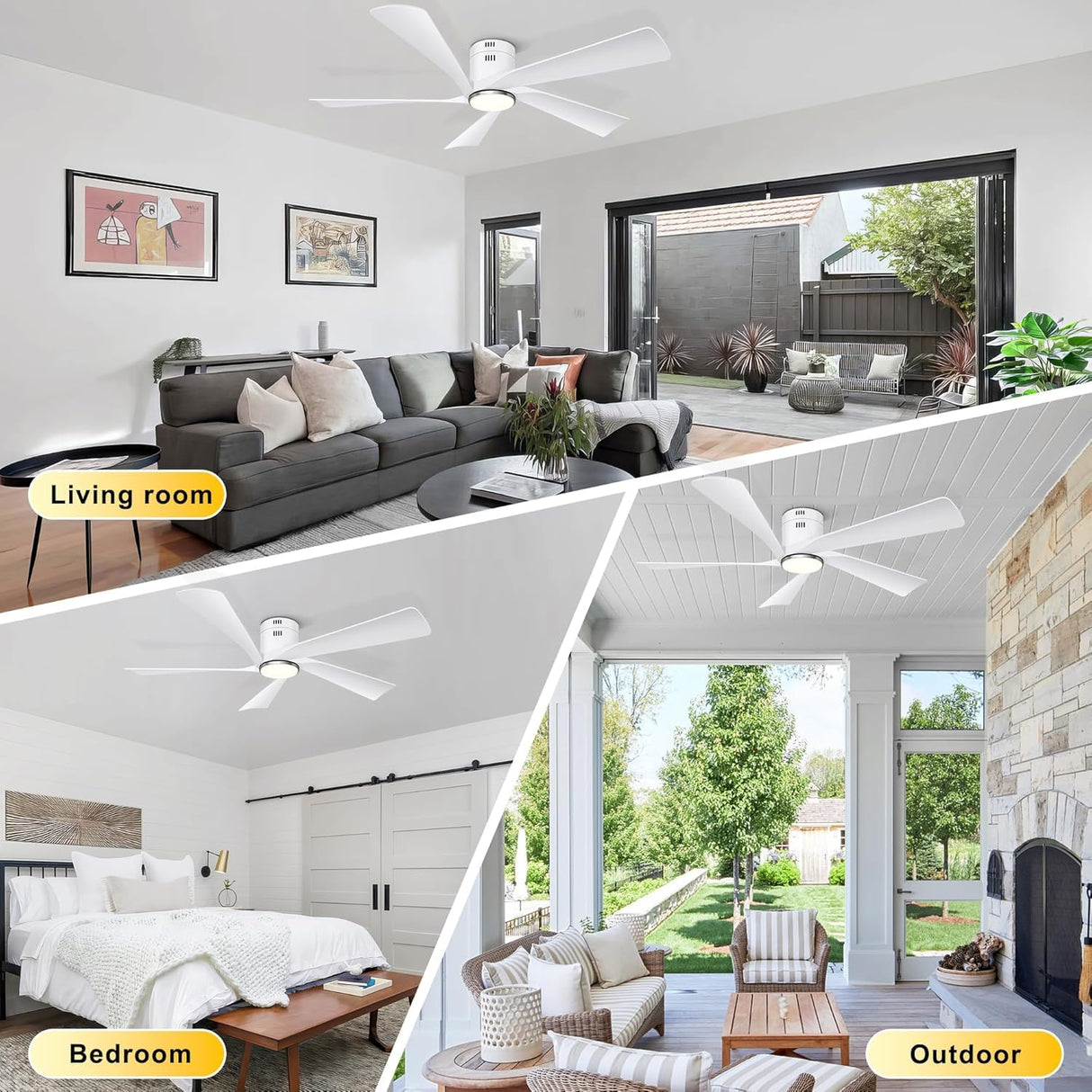 Ohniyou 52” Flush Mount Ceiling Fan with Lights, Remote & APP Control Low Profile Indoor Outdoor Ceiling Fans, Dimmable, Quiet DC Motor, Reversible, White Ohniyou