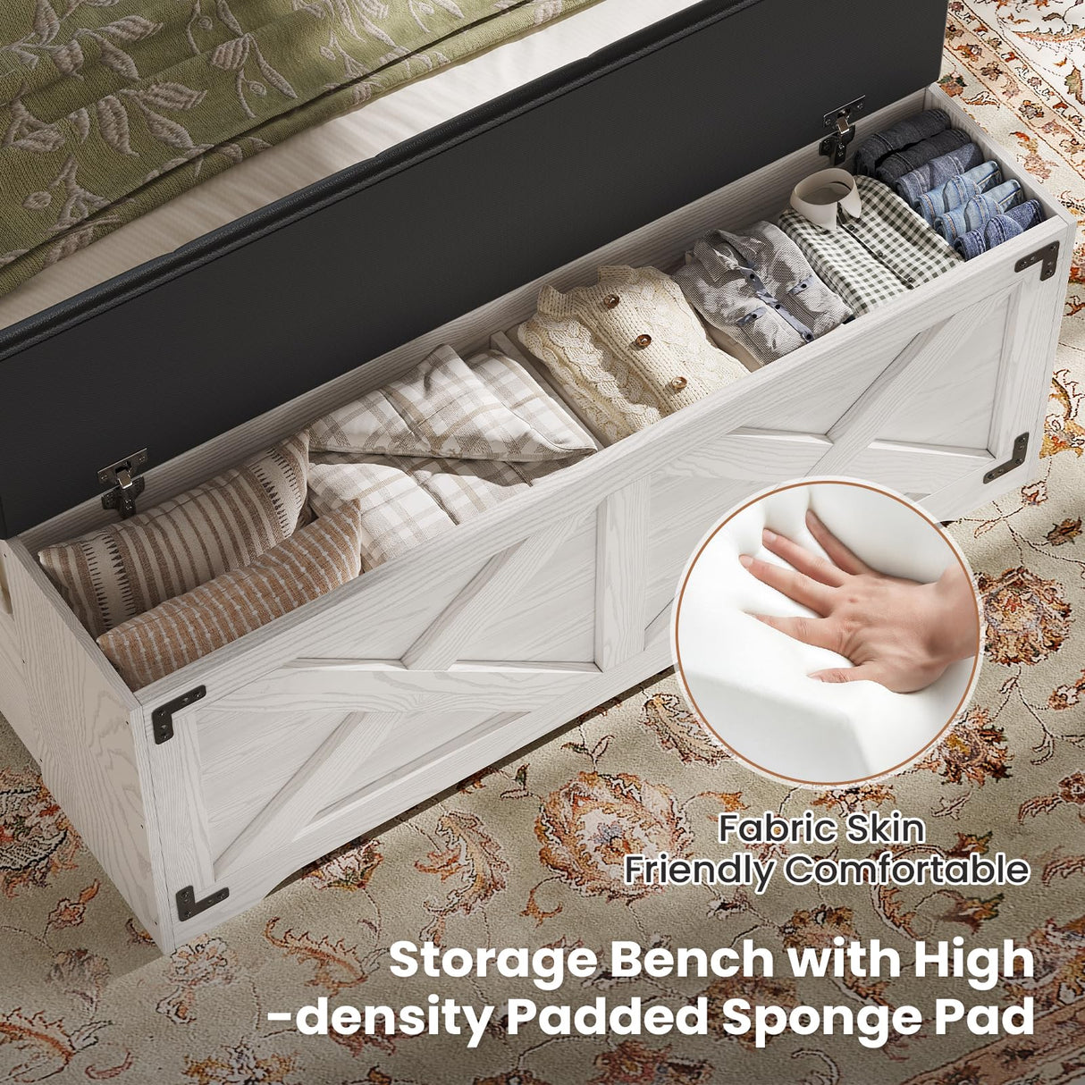 Hasuit Farmhouse Bed Frame Twin Size with Storage Headboard, Charging Station and LED Light, Wooden Twin Bed Frame with Storage Ottoman, Barn Door Design, No Box Spring Needed, No Noise (Walnut White) Hasuit