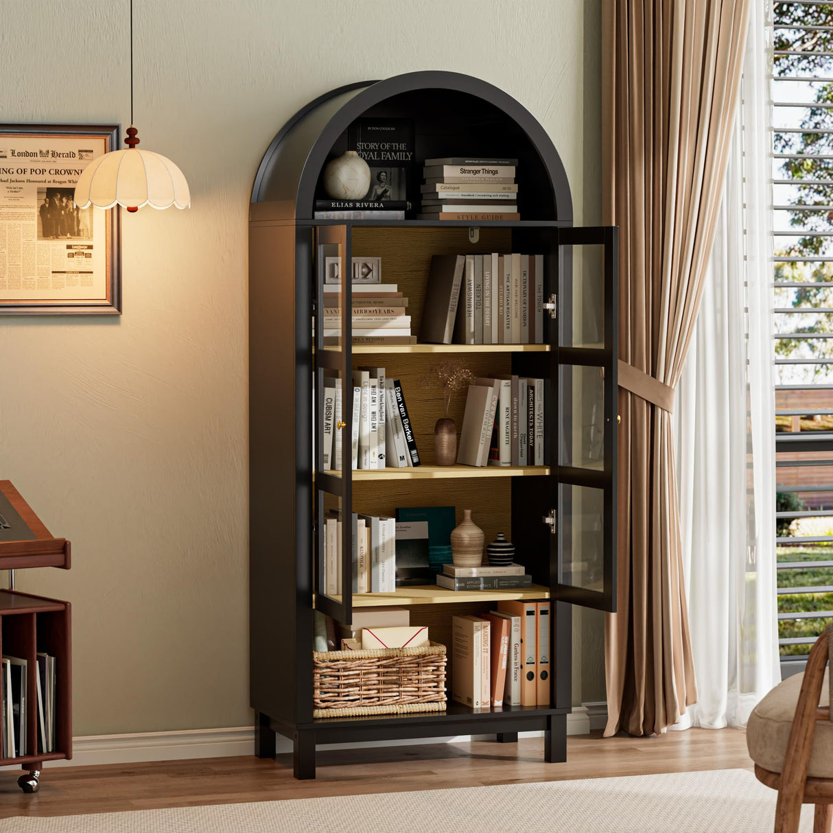 BREEZEHEAT 70" Tall Bar Cabinet, Arched Cabinet with Glass Doors, Farmhouse Whiskey Station with Wine Rack and Glasses Holder, Liquor Bar Cabinet for Home Kitchen Living Dining Room, Black BREEZEHEAT