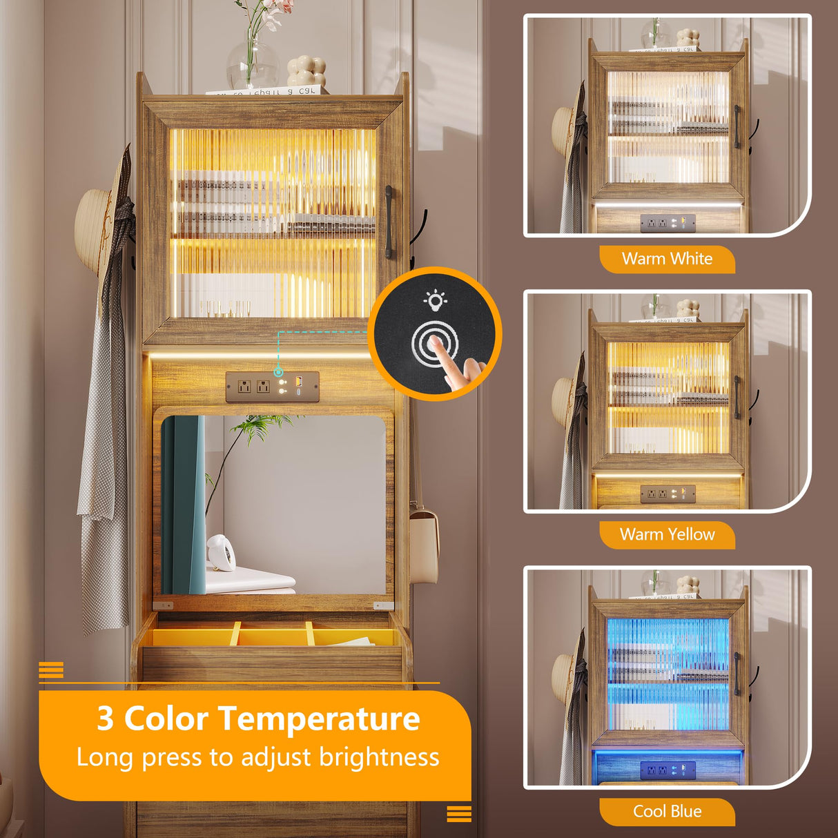 Vlsrka 70" H Vanity Desk with Mirror and Lights, Vanity Set with Hidden Stool, Drawers, Power Outlet, Makeup Dressing Table for Small Spaces, Brown Vlsrka