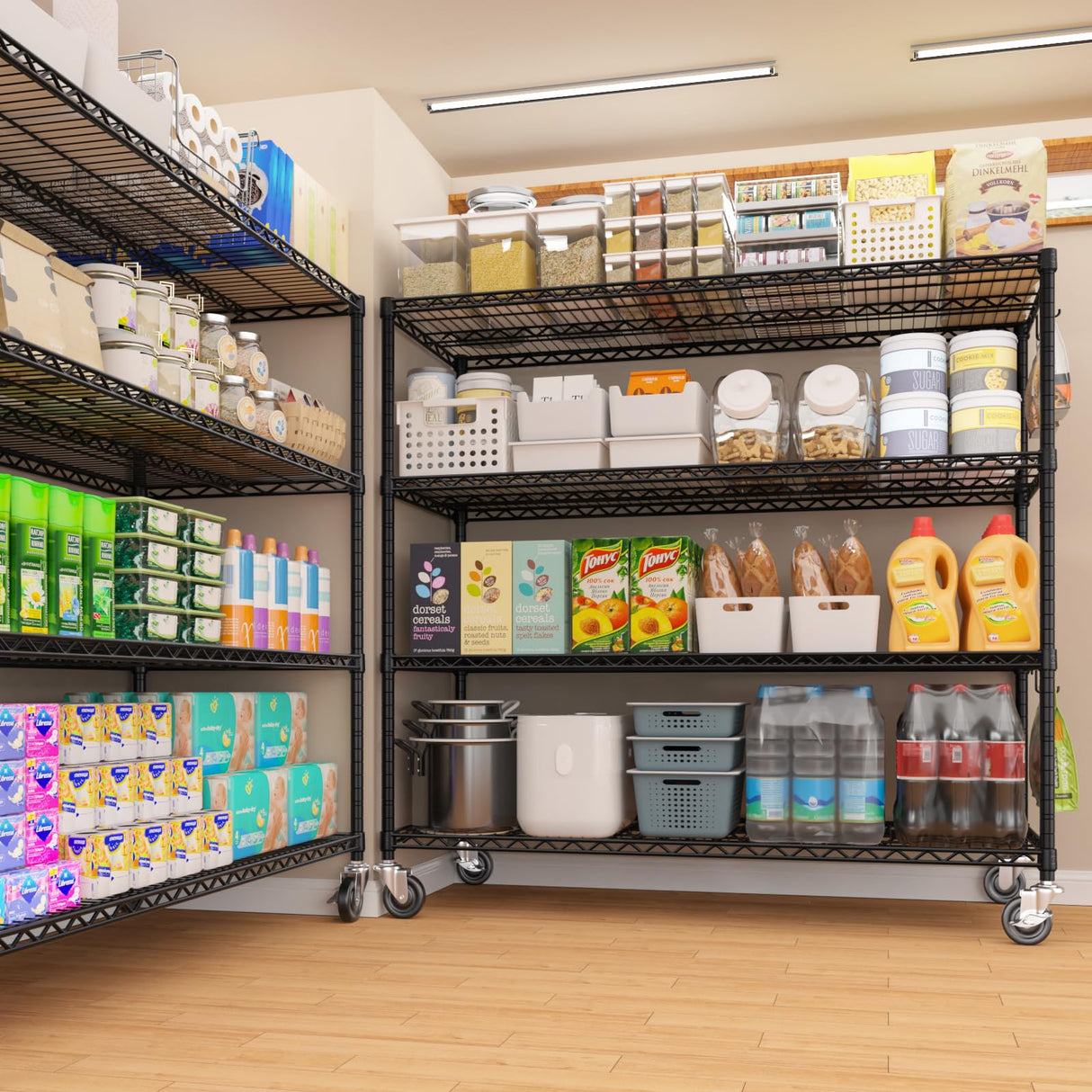 PrimeZone 55.5" W x 24" D x 80" H Heavy Duty Wire Storage Shelves with Wheels, 4 Tier Adjustable NSF Certified Garage Shelving Unit, Rolling Metal Organizer Shelf Rack for Warehouse, Pantry, Black PrimeZone