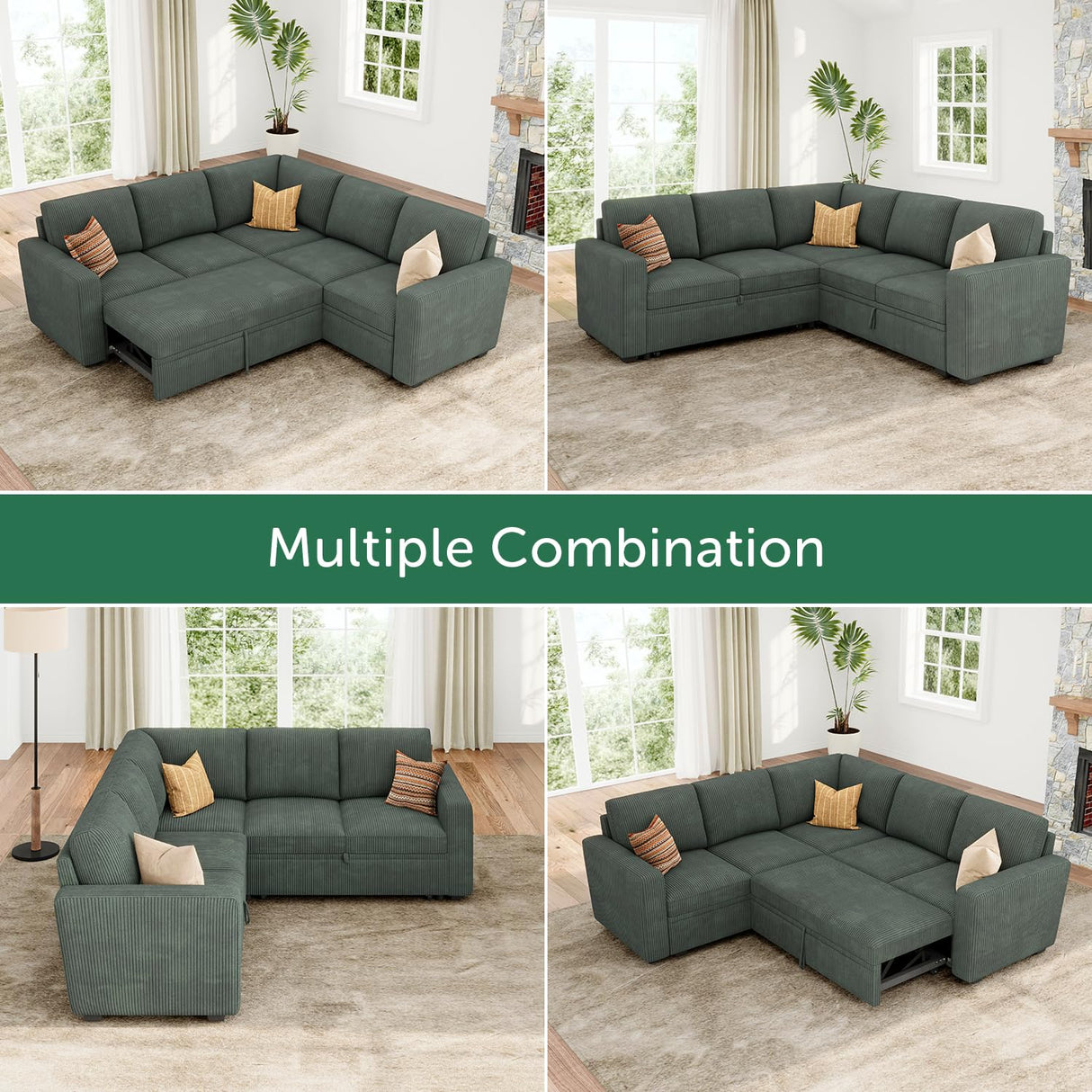 HONBAY Modular Sectional Sleeper Sofa with Pull Out Bed, Corduroy L Shaped Couch with Storage Seats, Convertible Sectional Couches for Living Room, Green HONBAY