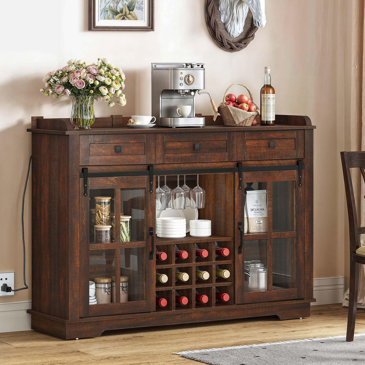 DWVO Farmhouse Coffee Bar Cabinet with Sliding Door and Drawers, 53" Kitchen Sideboard Buffet Cabinet, Home Bar Cabinet with Wine Rack for Kitchen Living Room, 3 Drawers Storage Cabinet, Brown Oak DWVO