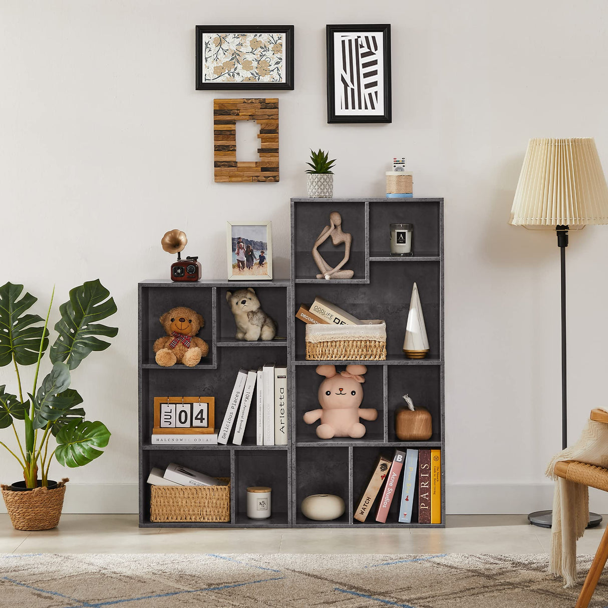 VECELO 5 Cube Modern Bookcases, 3 Tier Bookshelves, 31 Inch High Cubby Storage Organizer, Shelf Hight Up to 12.8 Inches Suit for Most Books, Vertical or Horizontal Use Available,Grey VECELO