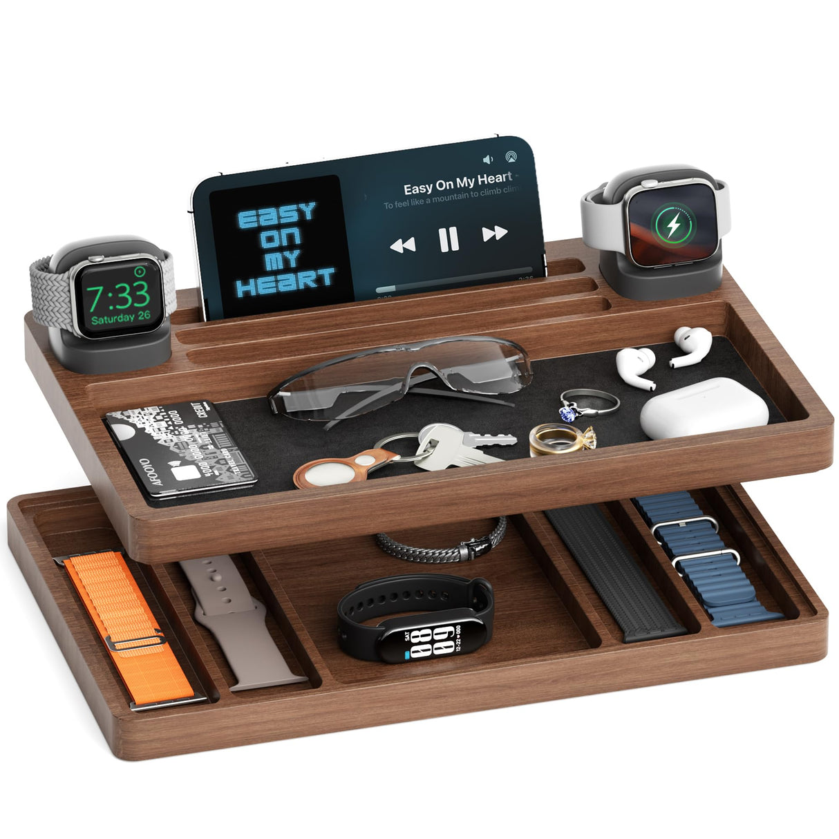 AFOOYO 2 Tier Wood Watch Band Organizer - Charger Stand Compatible with All Apple Watch Series and Stackable Bands Display Watches Storage Case Tray(Walnut) AFOOYO