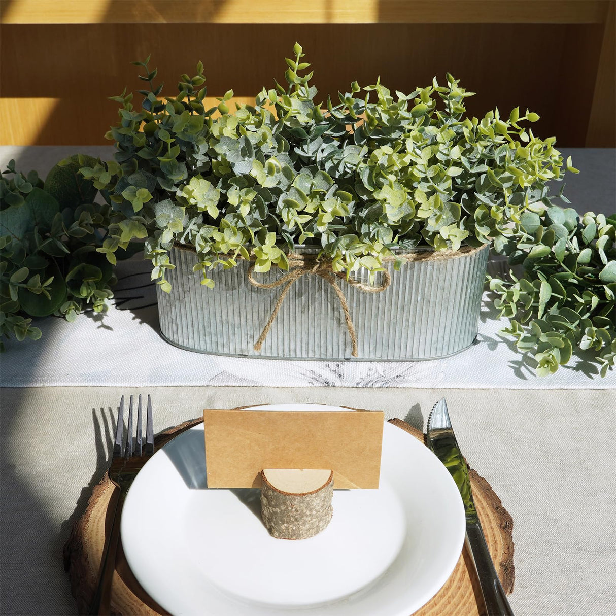 Winlyn Artificial Eucalyptus Arrangement in Rustic Oval Galvanized Metal Planter Box Faux Eucalyptus Bush Greenery Potted Plants for Farmhouse Indoor Home Office Table Centerpiece Kitchen Décor Winlyn