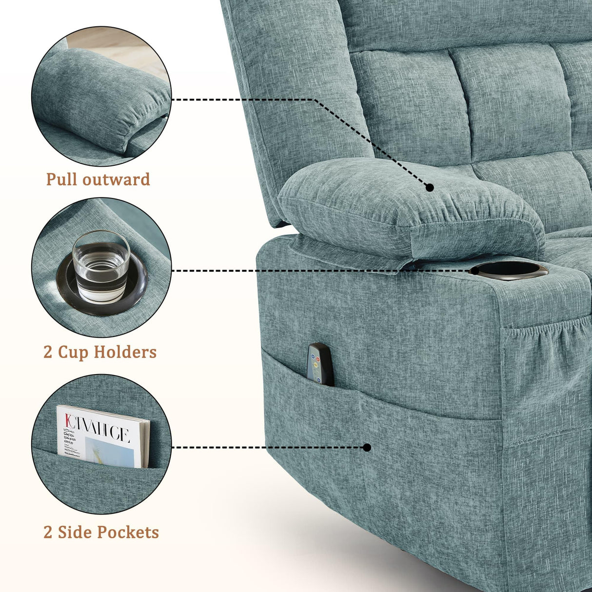 Korser Adult 360° Swivel Rocking Recliner, Baby Room Glider Recliner with Massage and Heating, Rocking Chair with Cup Holder, Living Room and Bedroom Manual Chair (Fabric, Lake Blue) Korser
