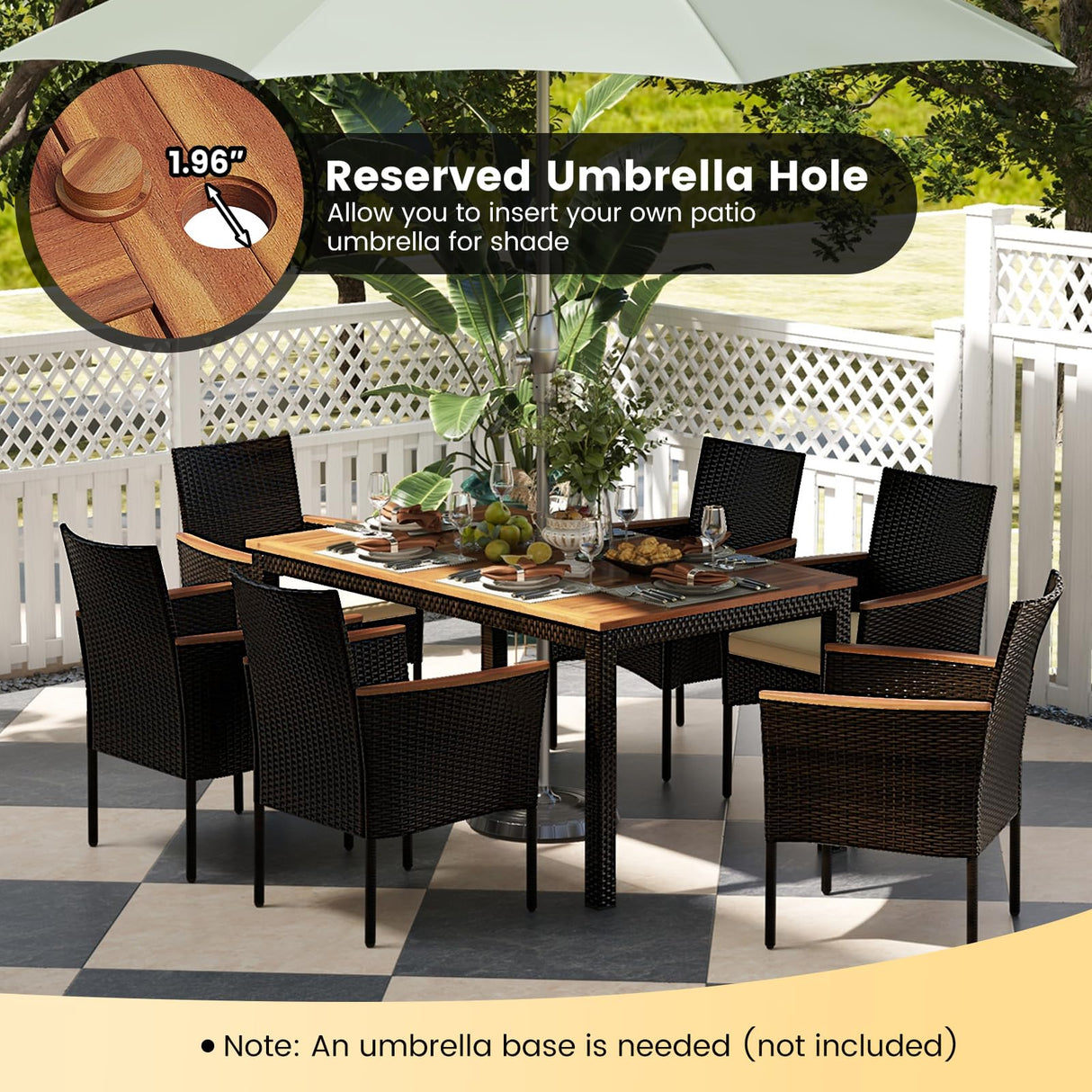 KOTEK Outdoor Dining Set for 6, PE Rattan Wicker Patio Furniture Set with Wood Table & Cushioned Armchairs, 1.96'' Umbrella Hole, Patio Table and Chairs Set for Garden, Backyard, Balcony, Poolside KOTEK
