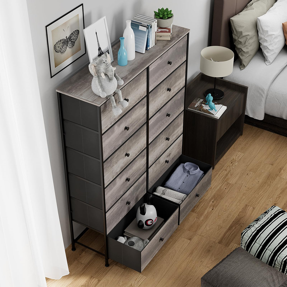 Arlopu 12-Drawer Dresser, 35.2’‘ Widened 6-Layer Fabric Storage Tower w/Textured Print Fabric Bins, Tall Chest Organizer Unit for Living Room, Hallway, Nursery, Closets, Adjustable Feetpad Arlopu