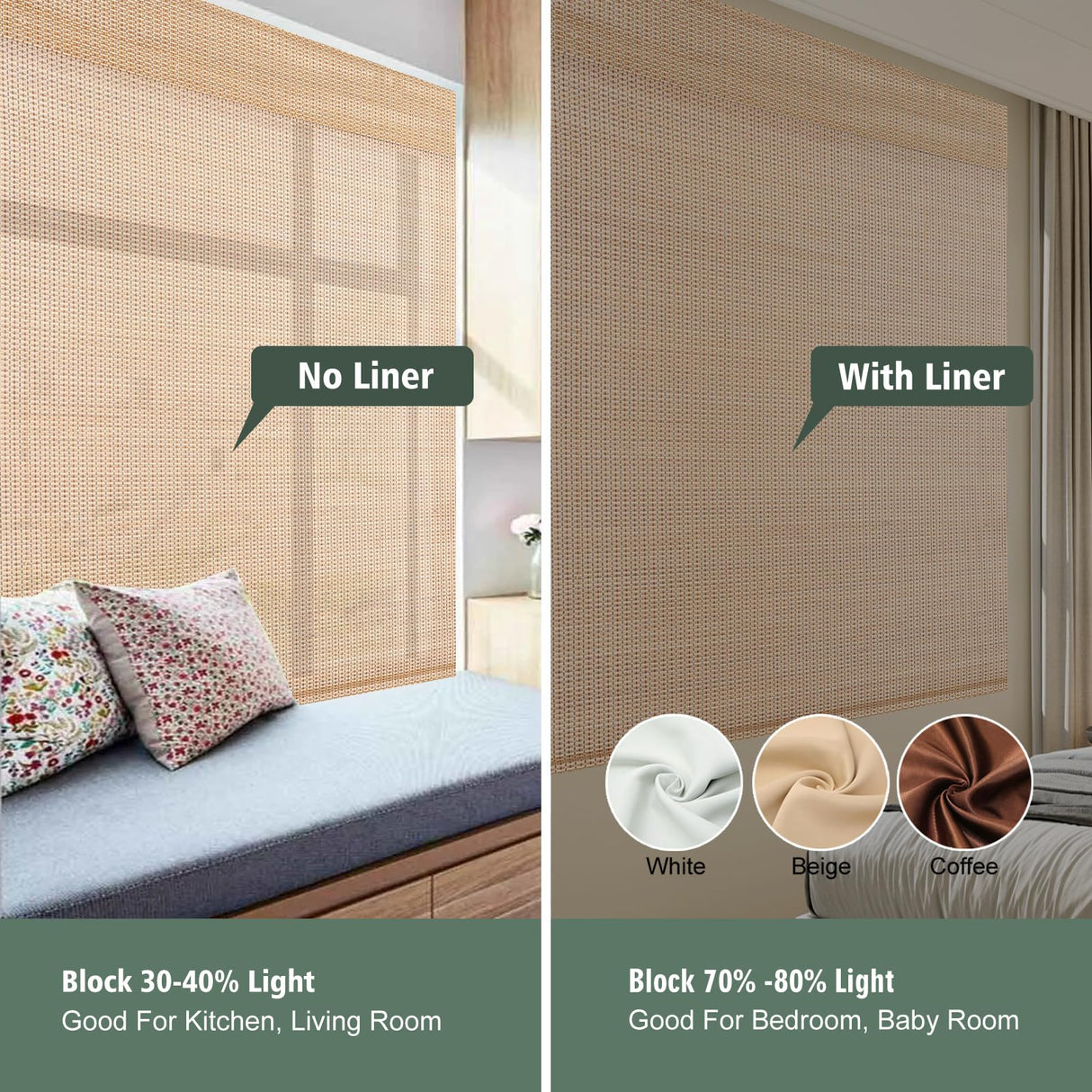 Sirocco Cordless Blackout Bamboo Roman Shades by Comzone Blinds - Easy Installation Natural Woven Wood Window Treatments Comzone Blinds