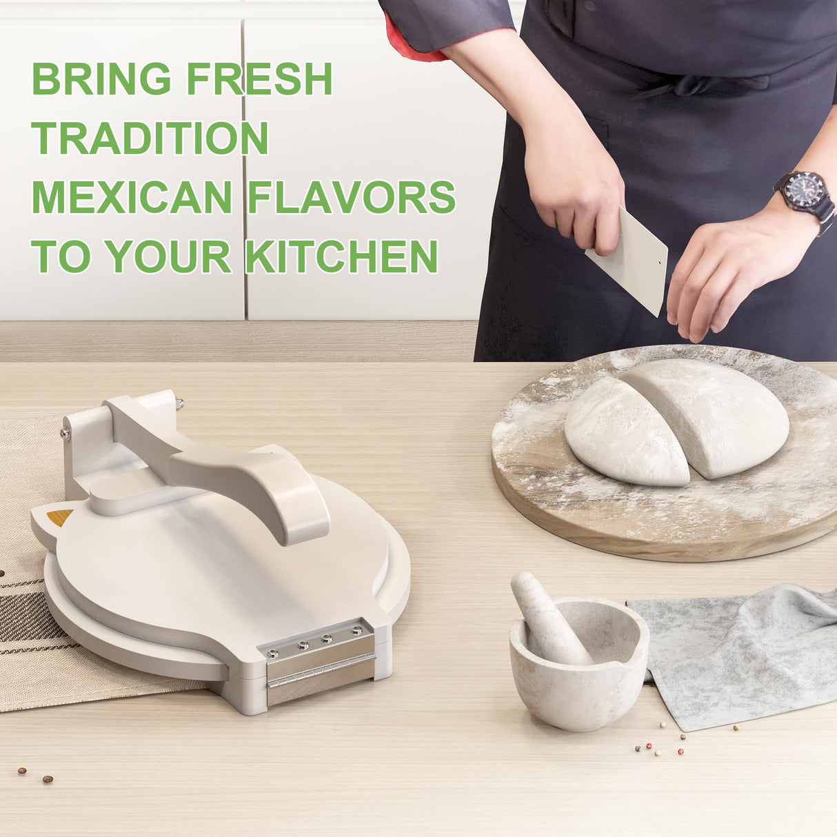 Tortilla Press 10 Inch- with 50pcs Parchment Paper and Dough Scraper-Quesadilla & Tortilla Makers, Homemade Mexican Tortillas, Roti, Burritos (White, Cat) Xadgve