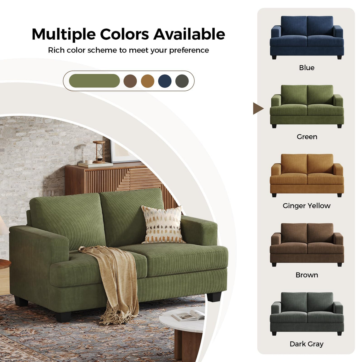 COPIAE 63 Inch Sofa with Extra Deep Seats Oversize, Corduroy Fabric 2 Seater Sofa for Living Room,Modern Couch and Loveseat, Comfy Armrests and Seats and Backrests, Easy Installation, Green COPIAE