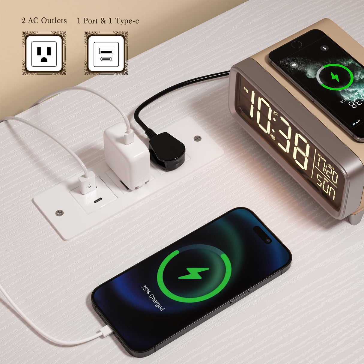 DurayLoly 6 Cube Storage Organizer with LED Light and Charging Station, Wood and Metal Cube Shelf, White Horizontal Book Shelf for Bedroom, Home Office DurayLoly