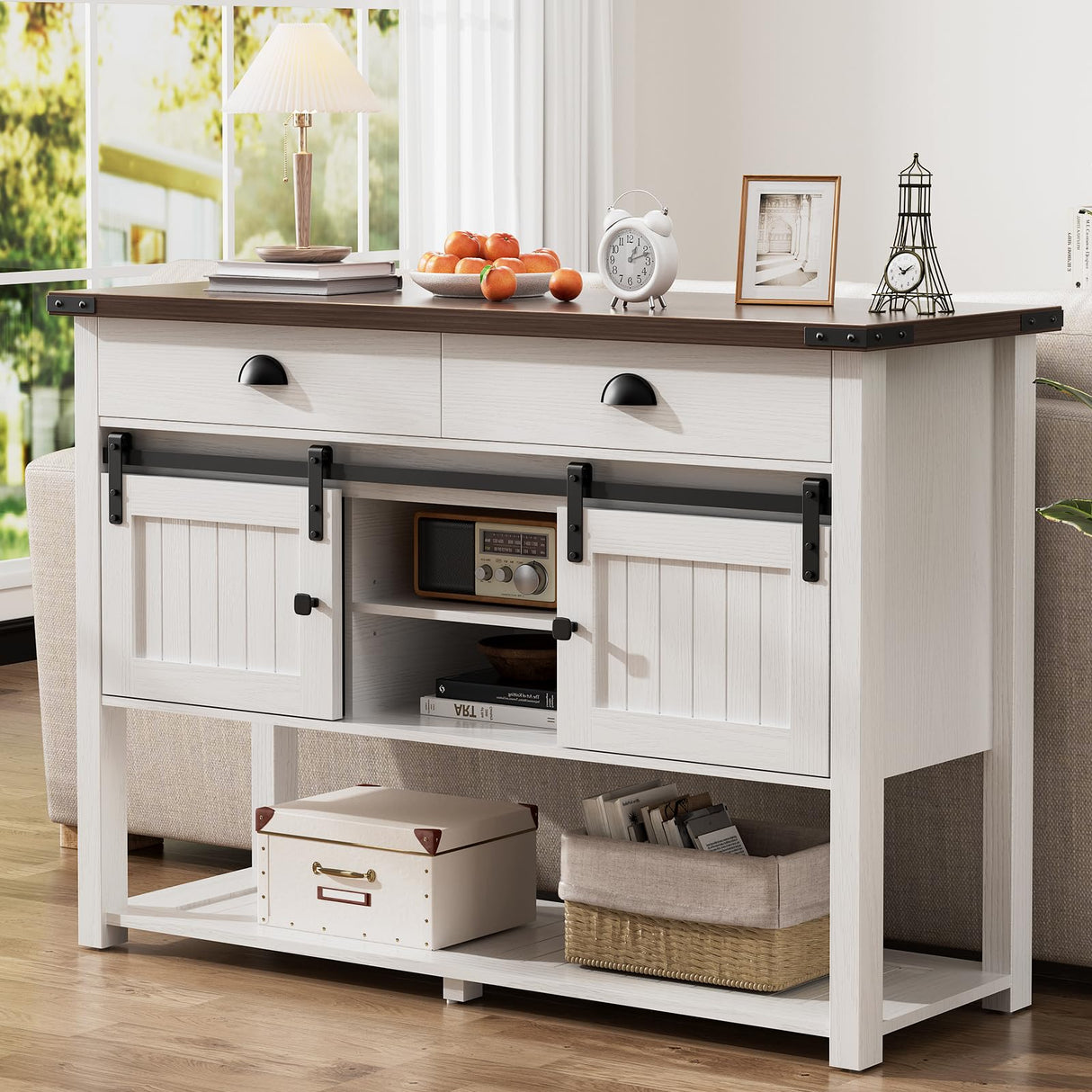 AntsandAnts Farmhouse Entryway Table with Sliding Barn Doors & 2 Drawers,Rustic Console Table for Living Room, Hallway, Foyer,Sofa Table with Adjustable Shelf & Open Storage, Industrial Design AntsandAnts