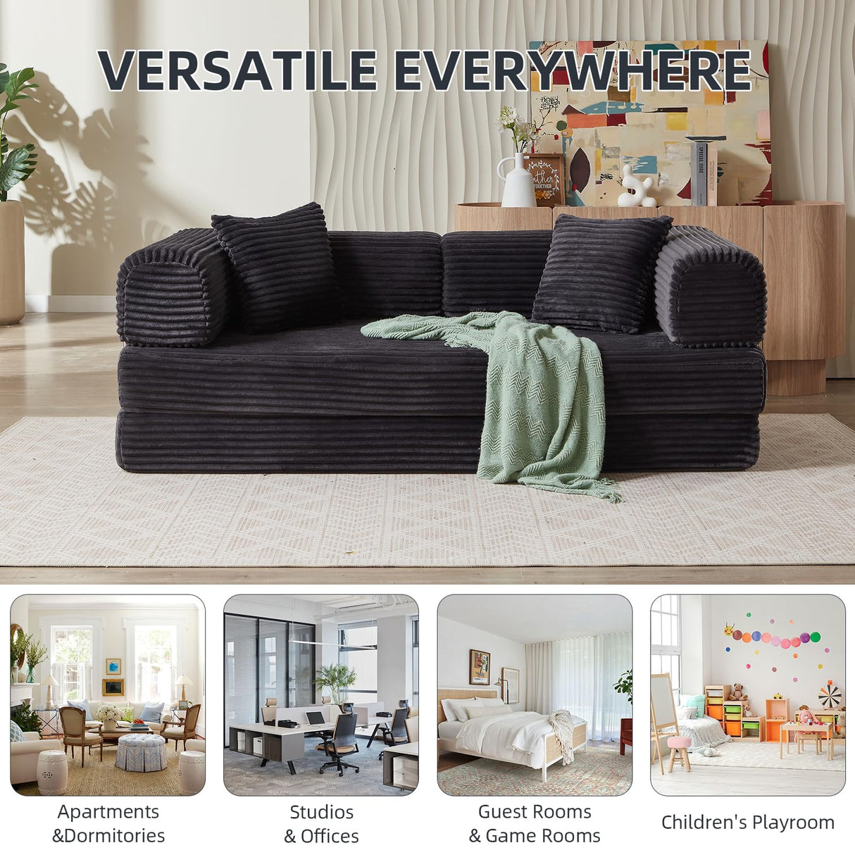 81 Inch Convertible Folding Sofa Bed,Fold Out Floor Sofa Couch with Fixed-Shape Frame,Corduroy Foldable Mattress Cloud Couch for Living Room Bedroom (Dark Grey) TIAOLOURIA