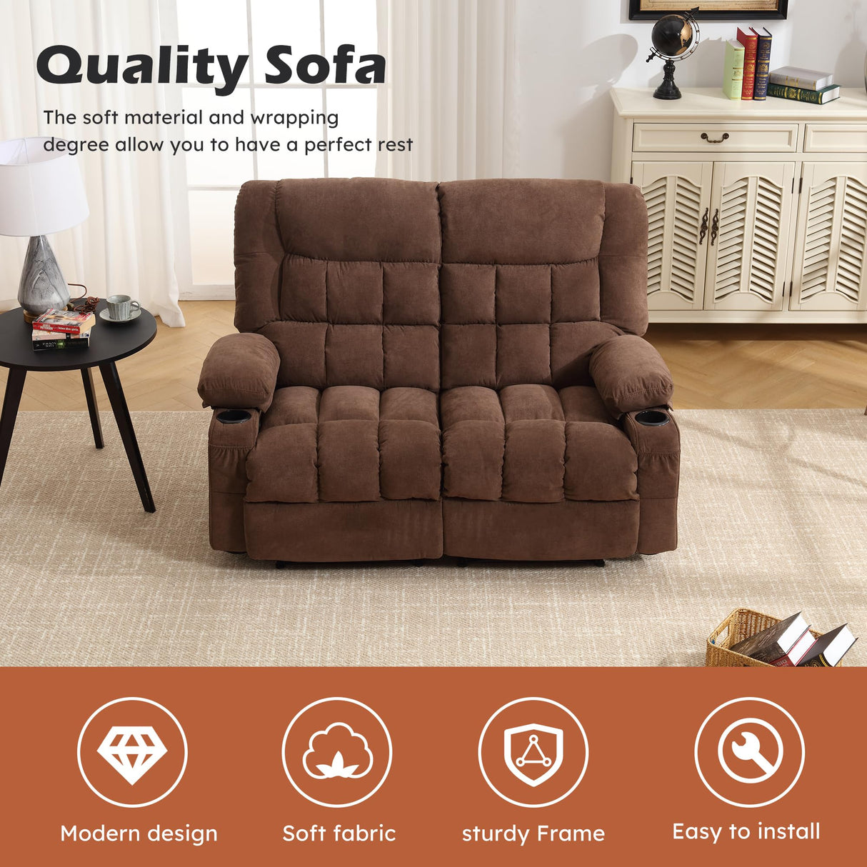 BOSMILLER Reclining Loveseat with Cup Holders for Living Room 2 Seat Manual Loveseat Recliner with Side Pocket BOSMILLER
