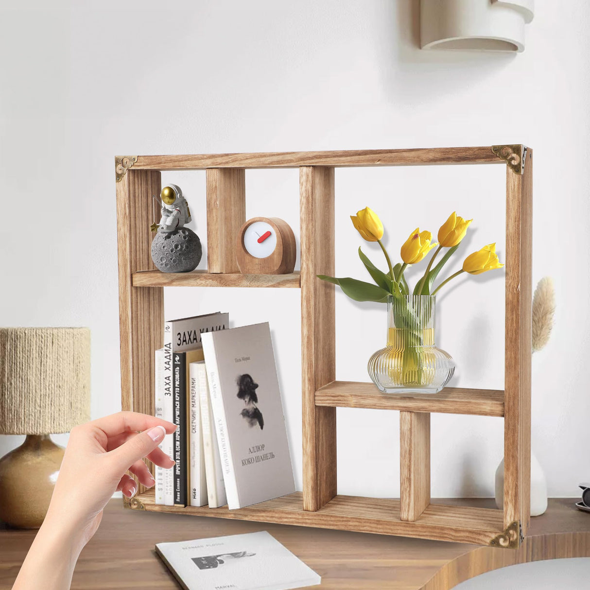 MITREL 17.7x15.7-Inch Shadow Box Display Shelf,6-Slot Rustic Floating Shelves,Larger Wood Trinket Shelf Freestanding Farmhouse Curio Shelf(6C-Brown) MITREL