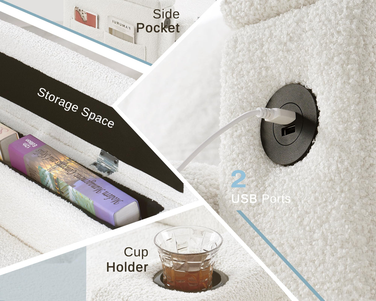 PaPaJet 84 Inch Pull Out Couch, Sleeper Sofa with Storage Chaise, Tufted L Shape Convertible Couch with 2 USB & Cup Holders, Boucle White PaPaJet