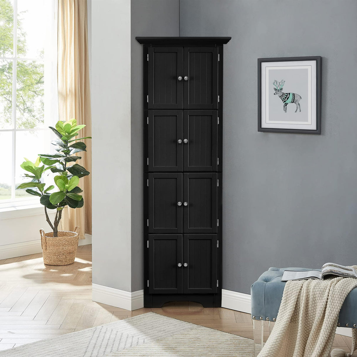 72 Inch Tall Corner Storage Cabinet with 8 Doors, 4-Tier Kitchen Pantry Storage Cabinet, for Living Room, Kitchen, Office, Bathroom, Black WoodArtSupply