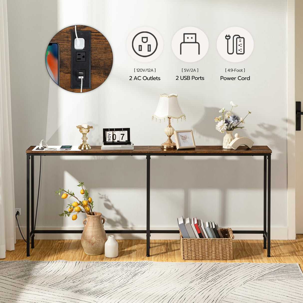 HOOBRO 70.9 Inches Console Table with 2 Power Outlets and 2 USB Ports, Extra Long Entryway Table with Charging Station, Narrow Sofa Table Behind Couch, Hallway, Living Room, Rustic Brown BF1801XG01G2 HOOBRO
