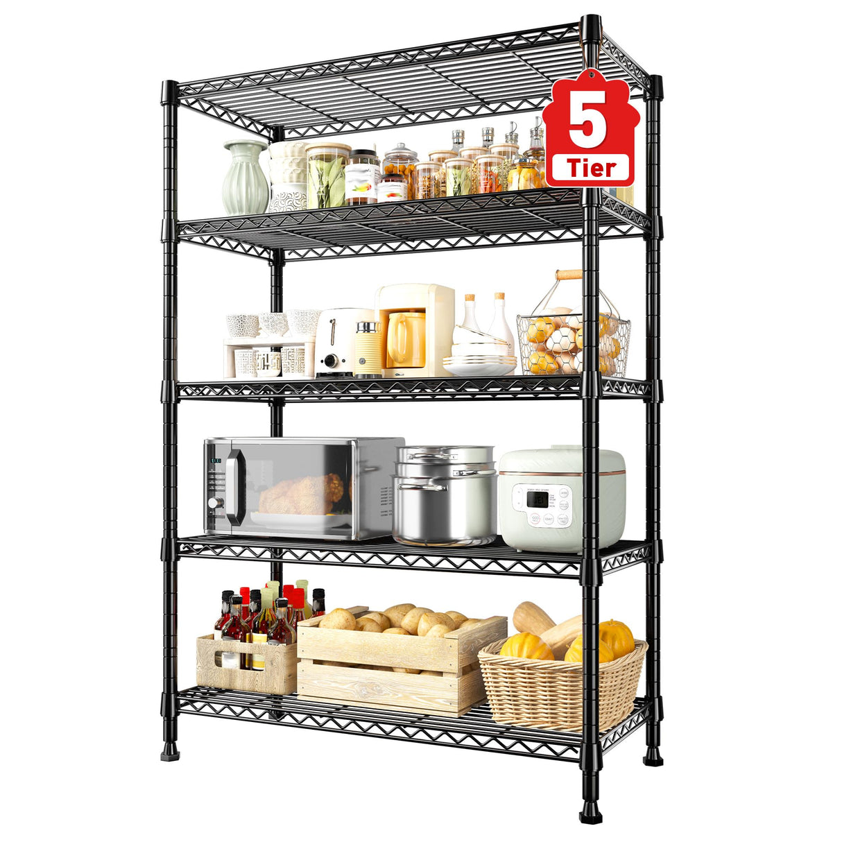 REIBII Storage Shelves, 5-Tire Wire Shelving Load 1000LBS Metal Shelves for Storage Adjustable Garage Shelving Unit Wire Shelf Rack Kitchen Storage Rack Pantry Shelves 31.5''W x 15.7'' D x 71''H REIBII