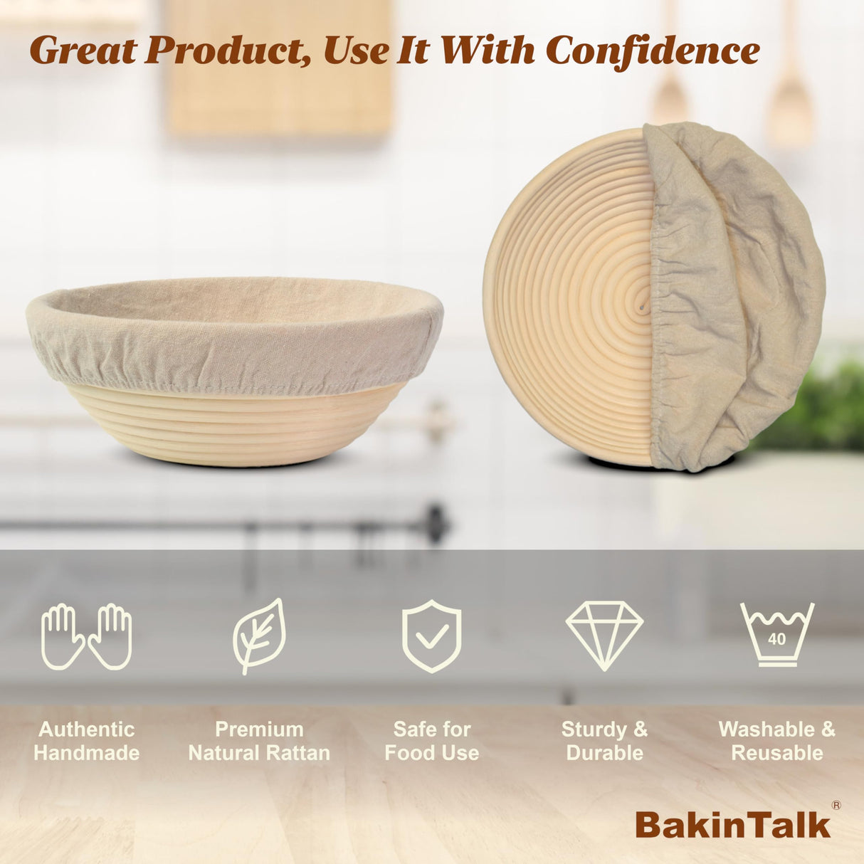 BakinTalk Banneton Bread Proofing Basket Set of 2, 9" Round Sourdough Banneton Baskets with Linen Liners, Premium Handmade Natural Indonesian Rattan, Bread Bowls for Rising and Baking BakinTalk