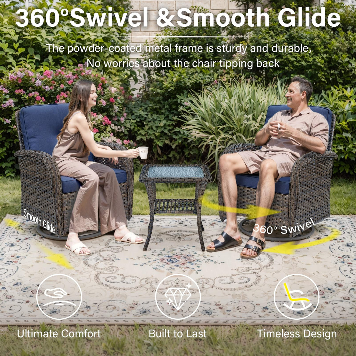 Belord Patio Wicker Chairs Swivel Rocker - Outdoor Swivel Rocking Chairs Set of 2 with Rattan Side Table, Patio Swivel Glider Chair 3 Piece Patio Furniture Sets for Patio Porch Pool Brown/Blue Belord