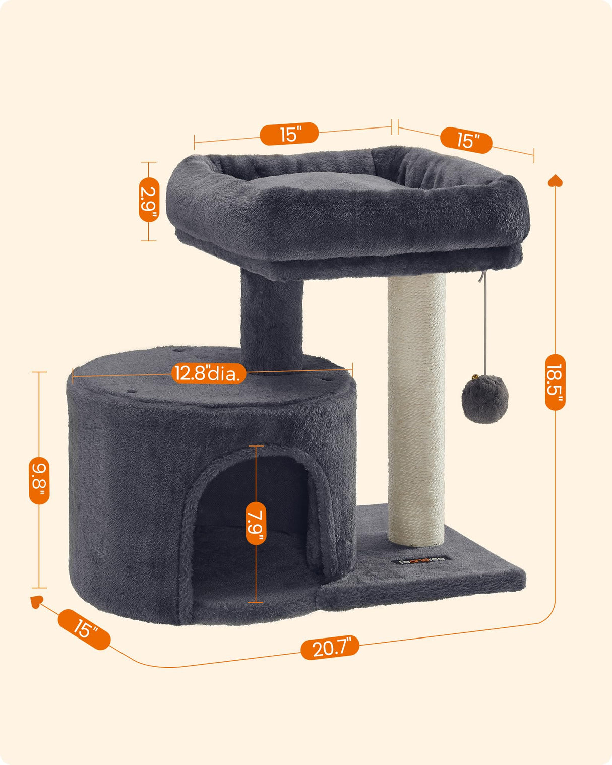 Feandrea Cat Tree, Cat Tower with Sisal-Covered Scratching Post, Cat Condo with Padded Perch, for Small Spaces, Kittens, Smoky Gray UPCT50G Feandrea