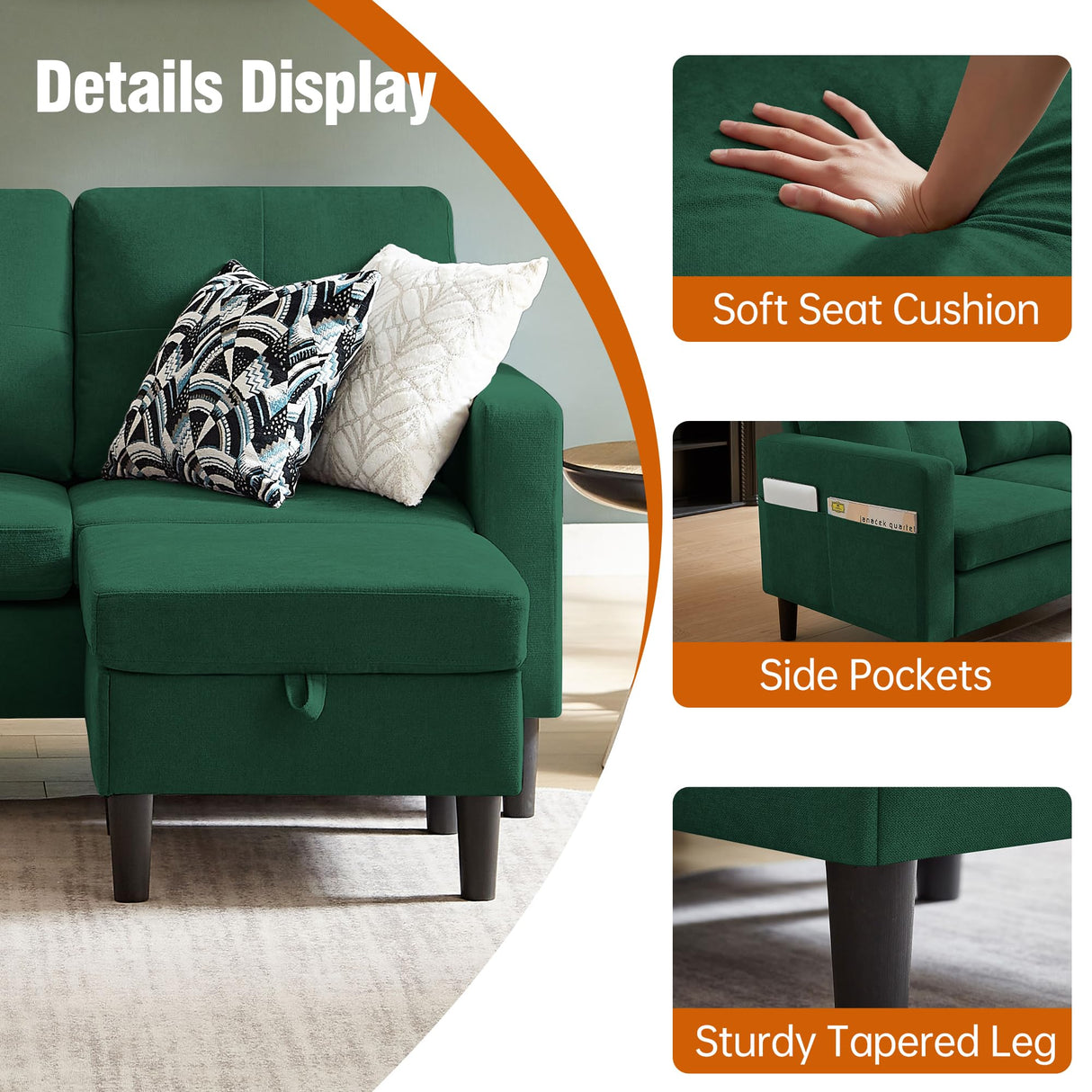 Pingliang Home Sectional Sofa Couches for Living Room, Modular 3 Seats Sectional Sofas L Shaped Couch with Storage and Reversible Chaise, Linen Fabric, 79" (Green) Pingliang Home