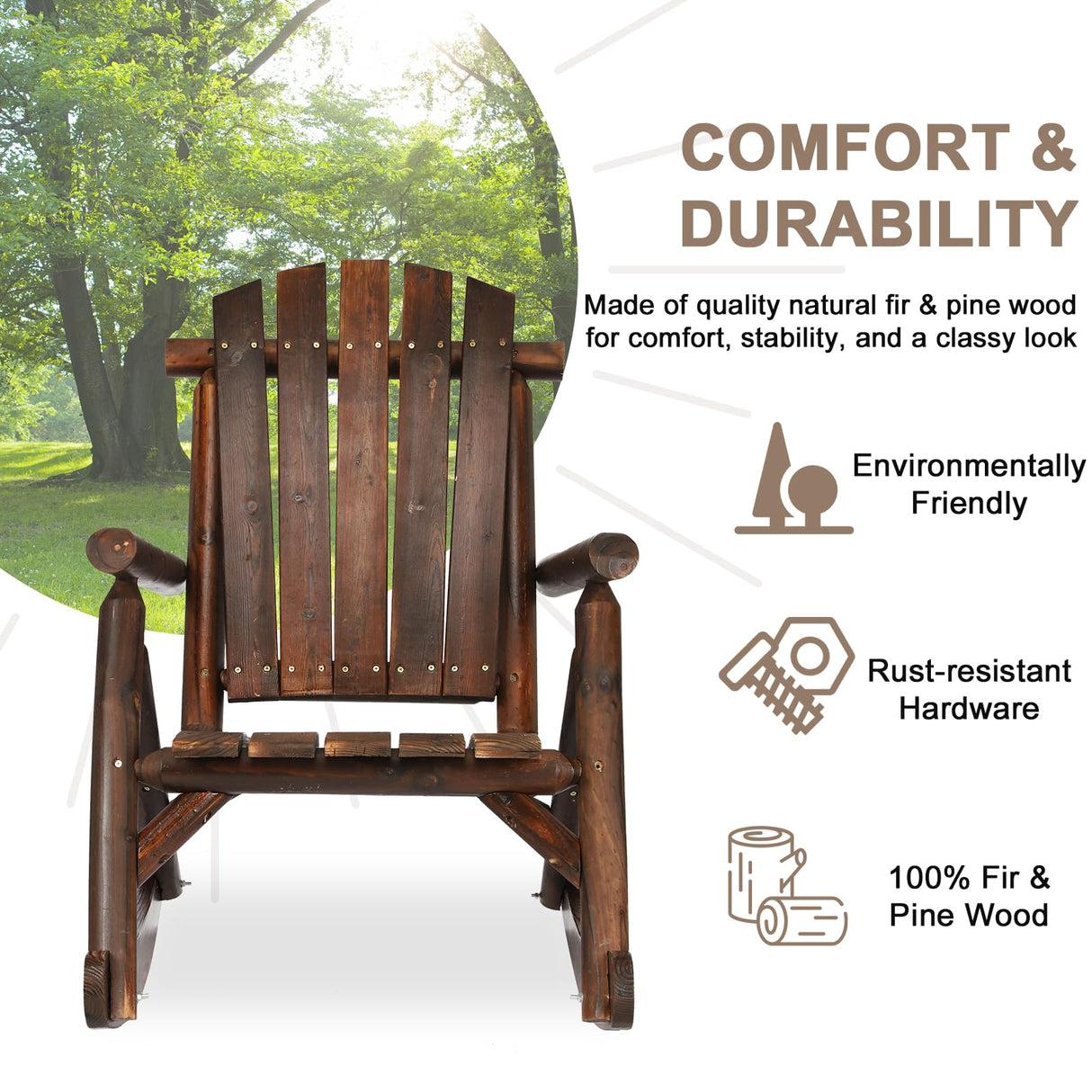 EPICOZY Outdoor Wooden Rocking Chair, Patio Rustic Adirondack Porch Rocker, All Weather Solid Wood Log Rocker Chair with High Back & Slatted Seat for Indoor, Backyard, Garden, Carbonized EPICOZY