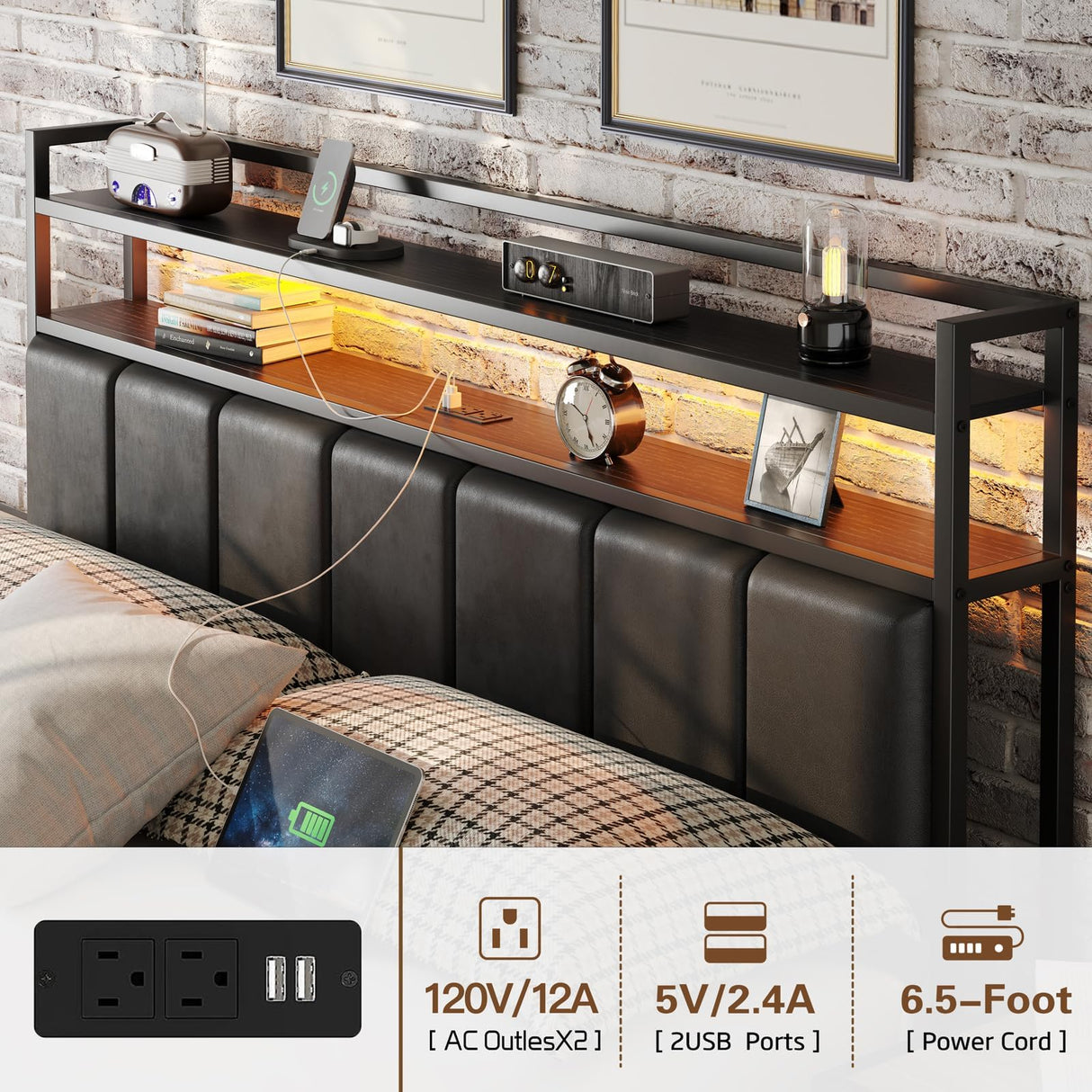 CollaredEagle Queen Size Bed Frame with Headboard, Metal Bed Frame with Charging Station and LED Lights, Heavy Duty Bed with Storage Shelves,Noise Free,No Box Spring,Black CollaredEagle