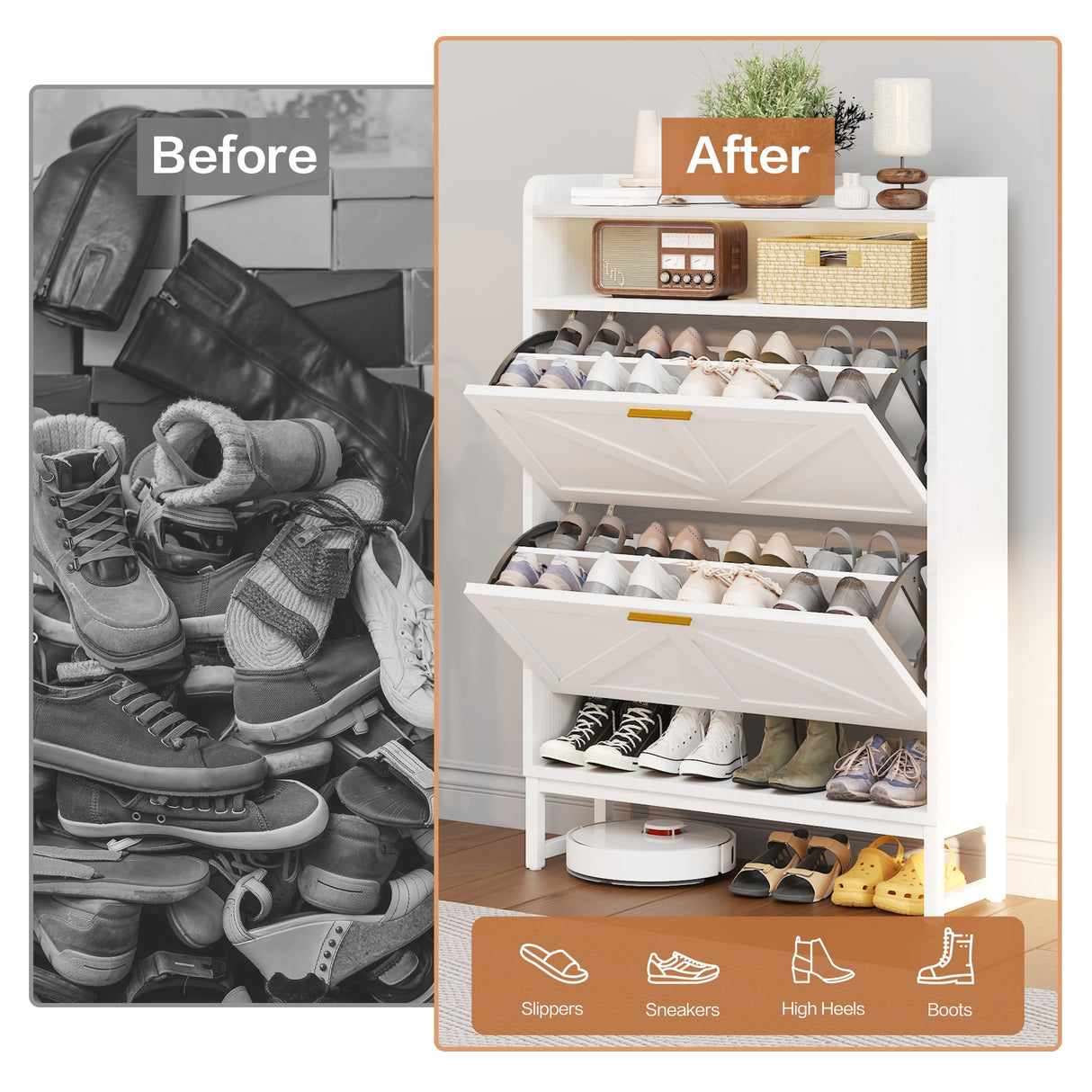 spanspace Freestanding Shoe Storage Cabinet for Entryway, Farmhouse Shoe Rack Cabinet with Open Shelf & 2 Flip-Drawer, Metal Legs for Hallway spanspace