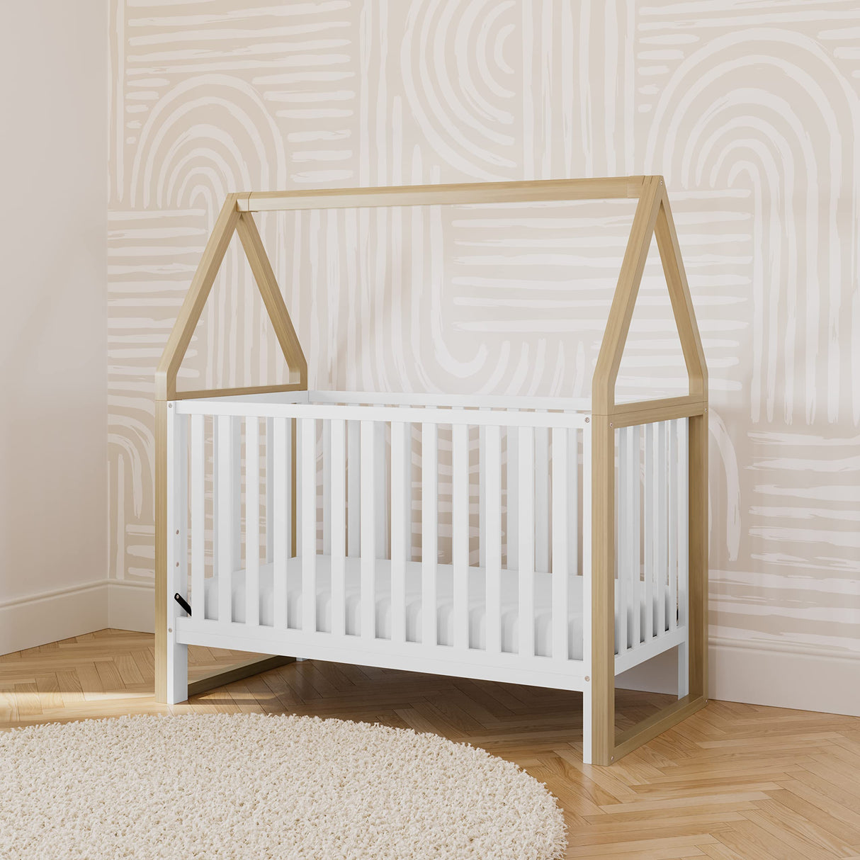Storkcraft Orchard 5-in-1 Convertible Crib (White with Driftwood) – GREENGUARD Gold Certified, Canopy Style Baby Crib, Converts from Crib to Toddler Bed, Daybed and Full-Size Bed Storkcraft