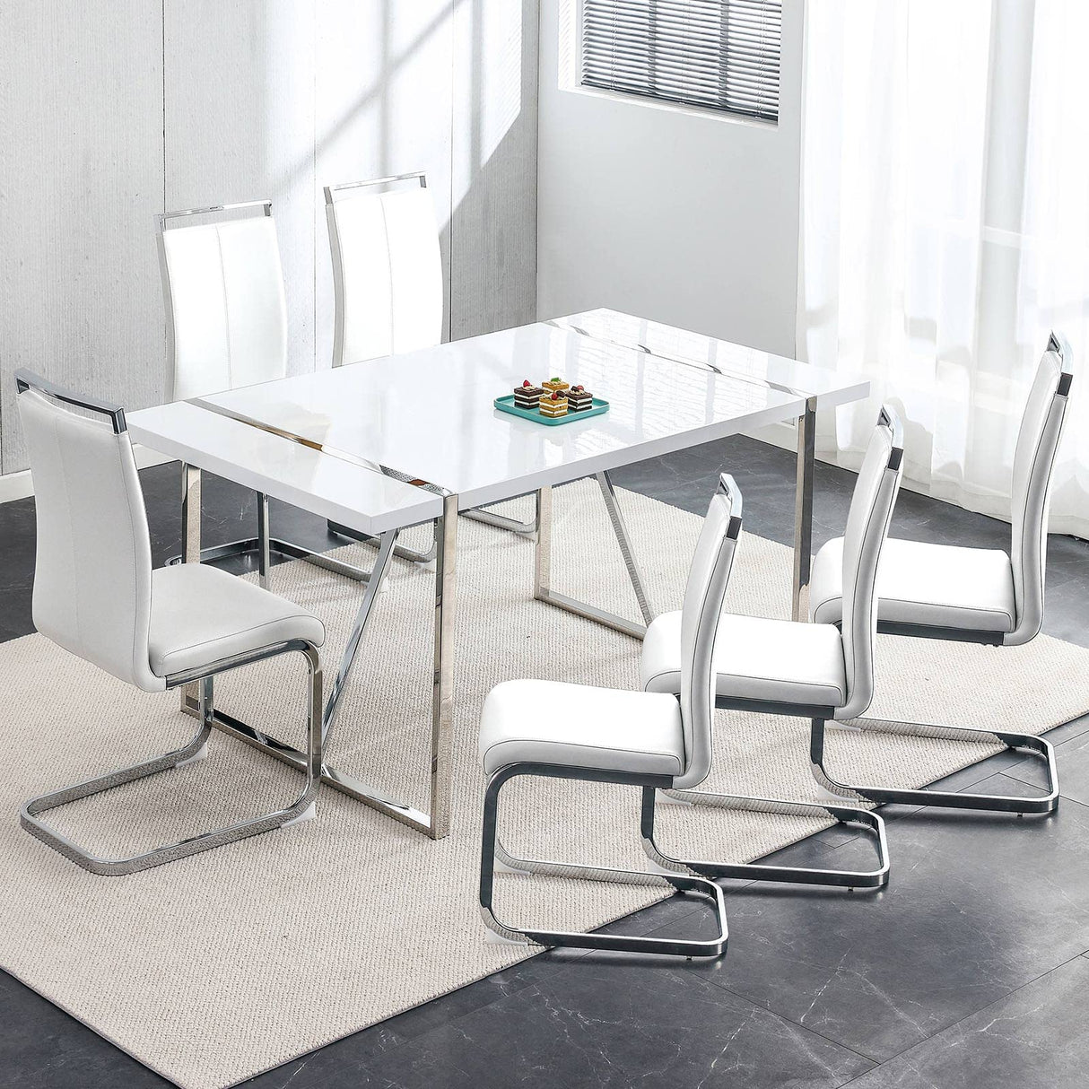Dining Table Set for 6,White Rectangular MDF Kitchen Table and Leather Dining Chairs Set of 6, 7 Piece Dining Table Set,Modern Metal Frame Dining Room Table Set 6 with Metal Frame For Kitchen Ebullient