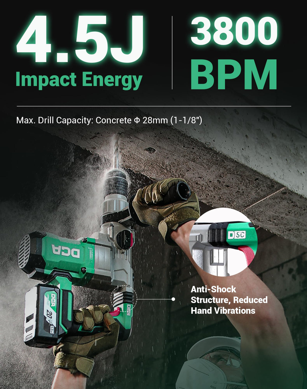 DCA 20V MAX Brushless Rotary Hammer Drill, 4.5 Joule, 3800BPM, 1-1/8 Inch SDS-Plus Cordless, 5.0Ah Battery, 4A Fast Charger, Safety Clutch and Vibration Control, 4 Drill Bits and 2 Chisels DCA