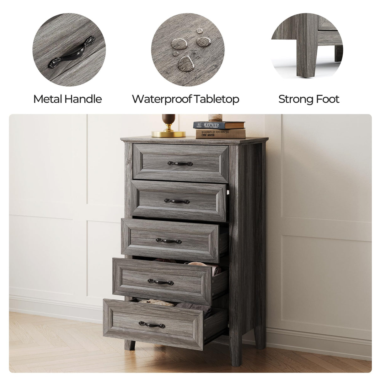 LINSY HOME Farmhouse 5-Drawer Dresser - Grey Chest of Drawers for Bedroom and Living Room Organization, Wood Dresser with Ample Storage Space and Rustic Charm LINSY HOME