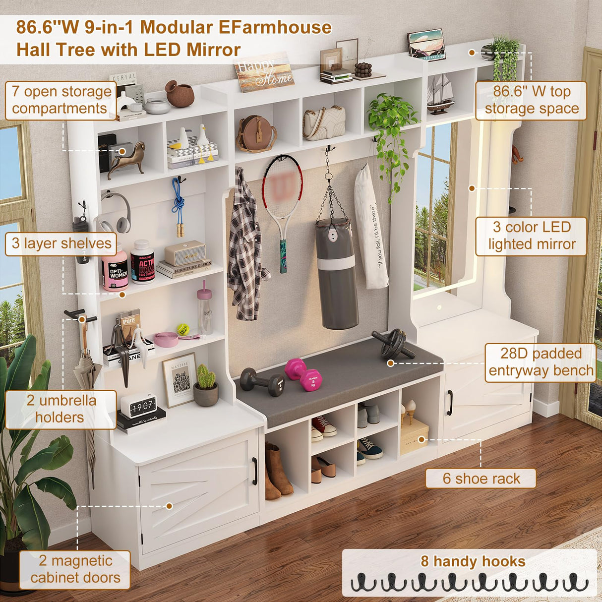 chartustriable 86.6" Wide Extra Large Farmhouse Hall Tree with 3-Color LED Mirror, Entryway Bench with Bench and Shoe Storage, Shoe Shelves,Umbrella Holder, Mudroom Hallway Storage Cabinet chartustriable