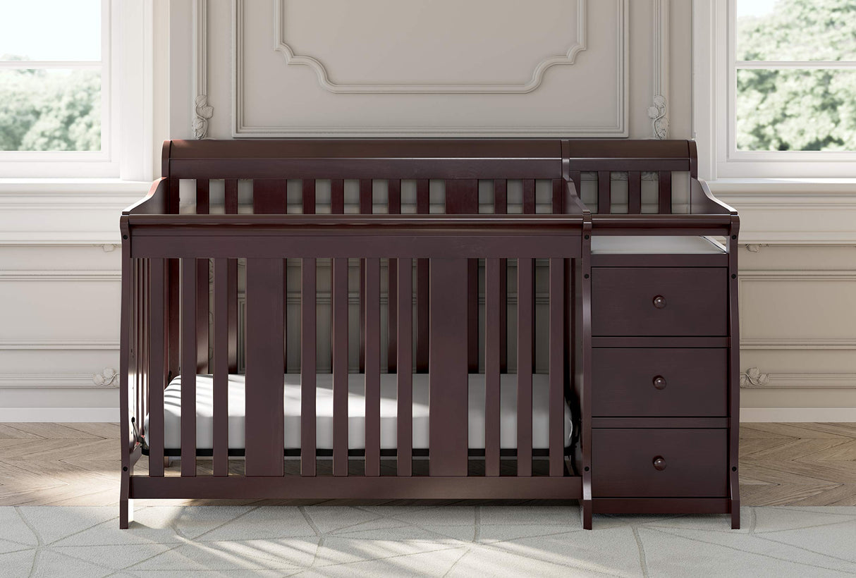 Storkcraft Portofino 5-in-1 Convertible Crib and Changer (Espresso) – Crib and Changing -Table Combo with 3 Drawers, Includes Baby Changing Pad, Converts to Full-Size Bed Storkcraft