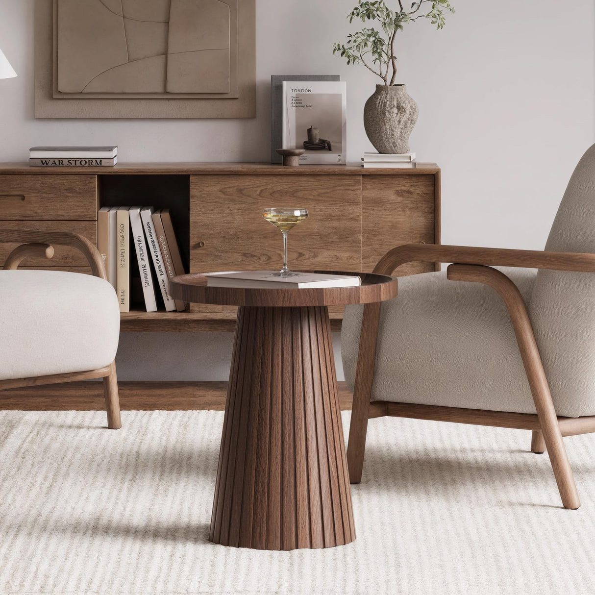win2win Nesting Coffee Table Set of 2, Mid Century Modern Coffee Table with Wood Grain Veneer, Fluted Round Tea Table and End Table Set, Minimalist Center Tables for Living Room, Office, Walnut win2win