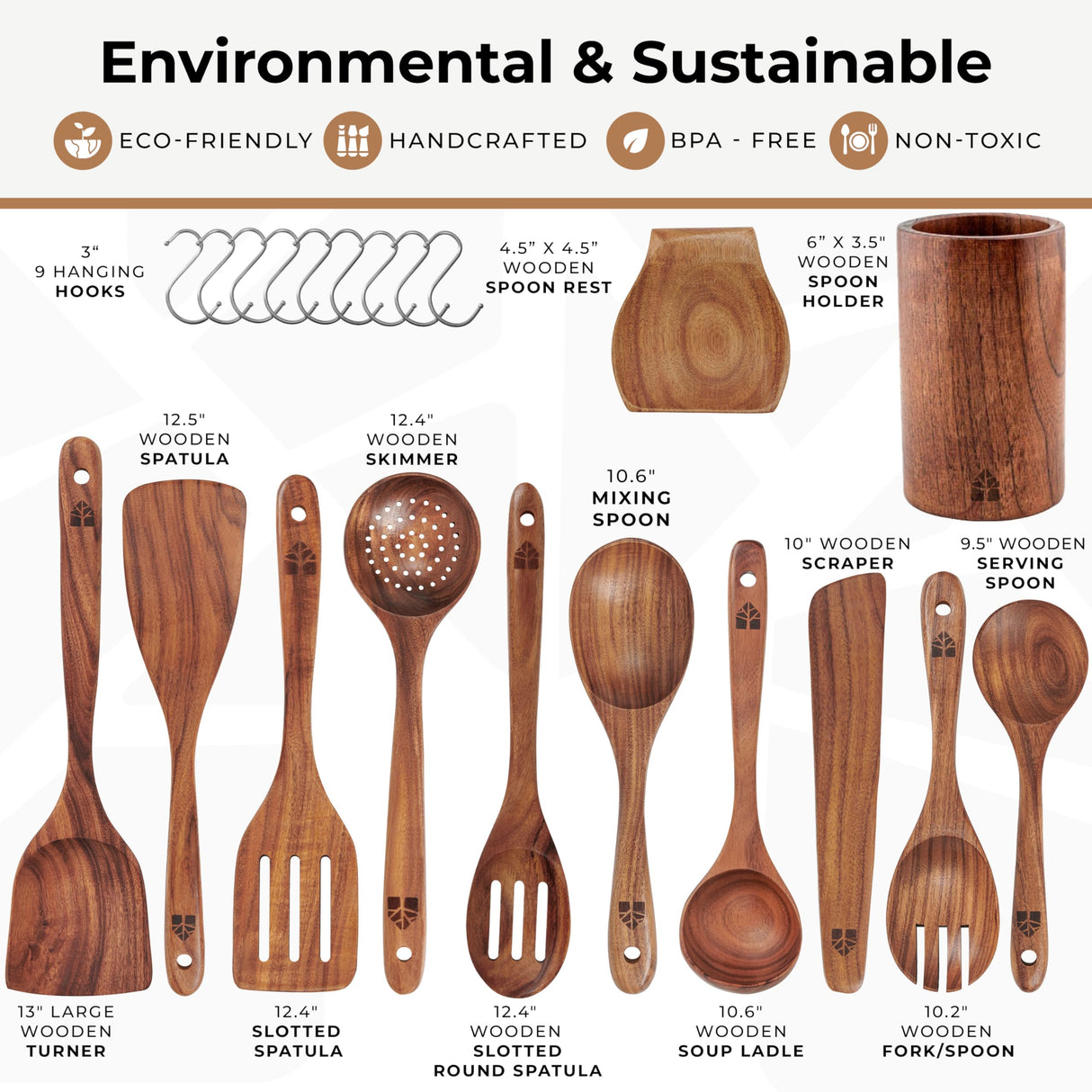 Wooden Spoons for Cooking – Wooden Cooking Utensils Set with Holder, Spoon Rest & Hooks, Teak Wood Nonstick Kitchen Cookware – Durable Set of 12pcs by Woodenhouse WOODENHOUSE LIFELONG QUALITY