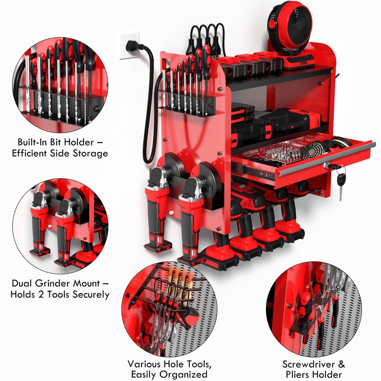 KSVO Power Tool Organizer Wall Mount with Drill Rack & Locking Drawers - Heavy Duty Metal Tool Shelf for Garage, Workshop, Shed, Basement Tool Organization - Gift for Men/Father (Red) KSVO