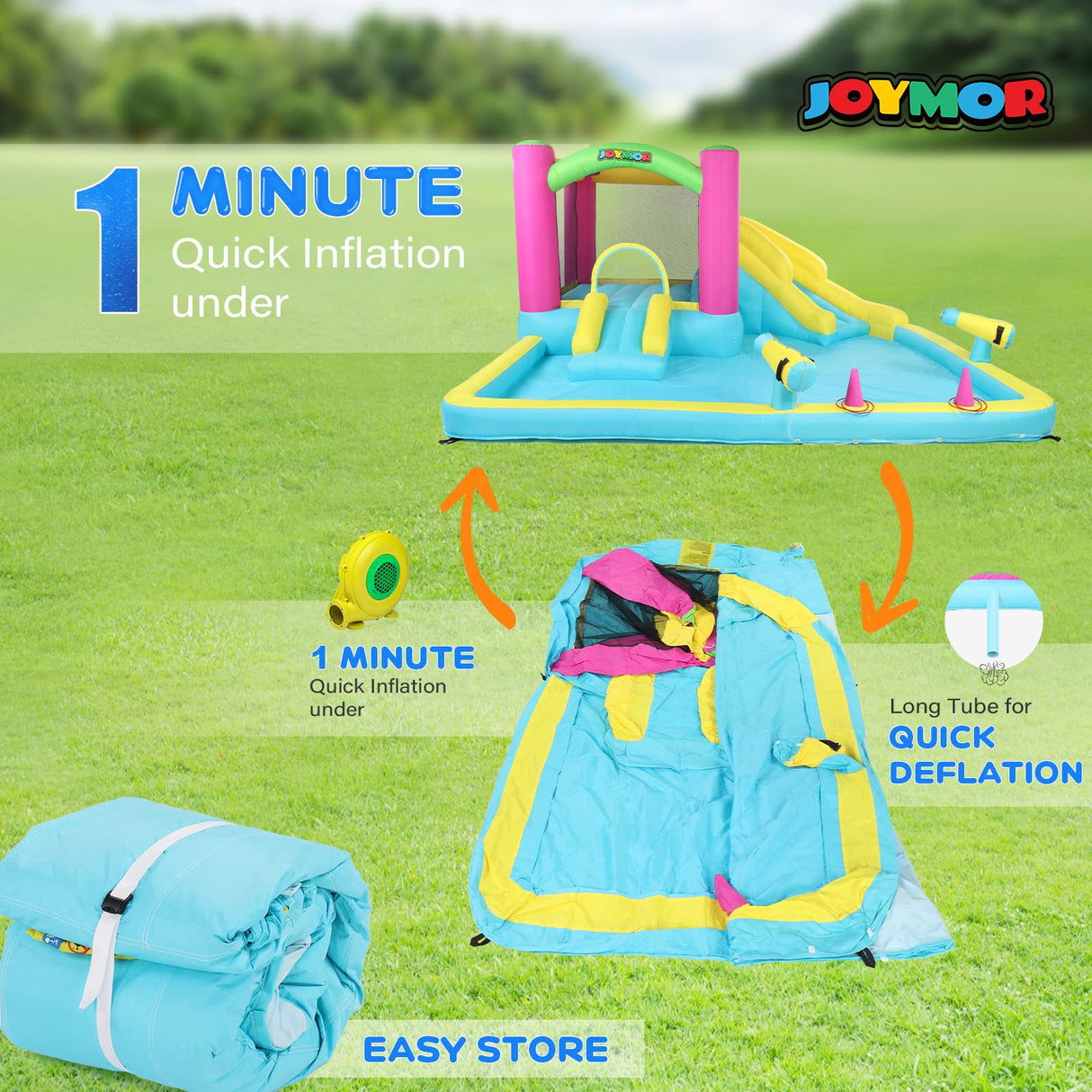 JOYMOR Inflatable Bounce House with Double Water Slide for Kids Toddler Age 3-10, Splash Pool Water Cannons, Ring-Toss Games for Outdoor Backyard Fun Water Toys, Indoor Bouncy Castle with Air Blower JOYMOR